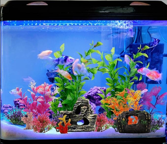 PietyPet Fish Tank Decorations Plants with Resin Broken Barrel and Cave Rock View, 15pcs Aquarium Decorations Plants Plastic,Fish Tank Accessories, Fish Cave and Hideout Ornaments, Aquarium Decor