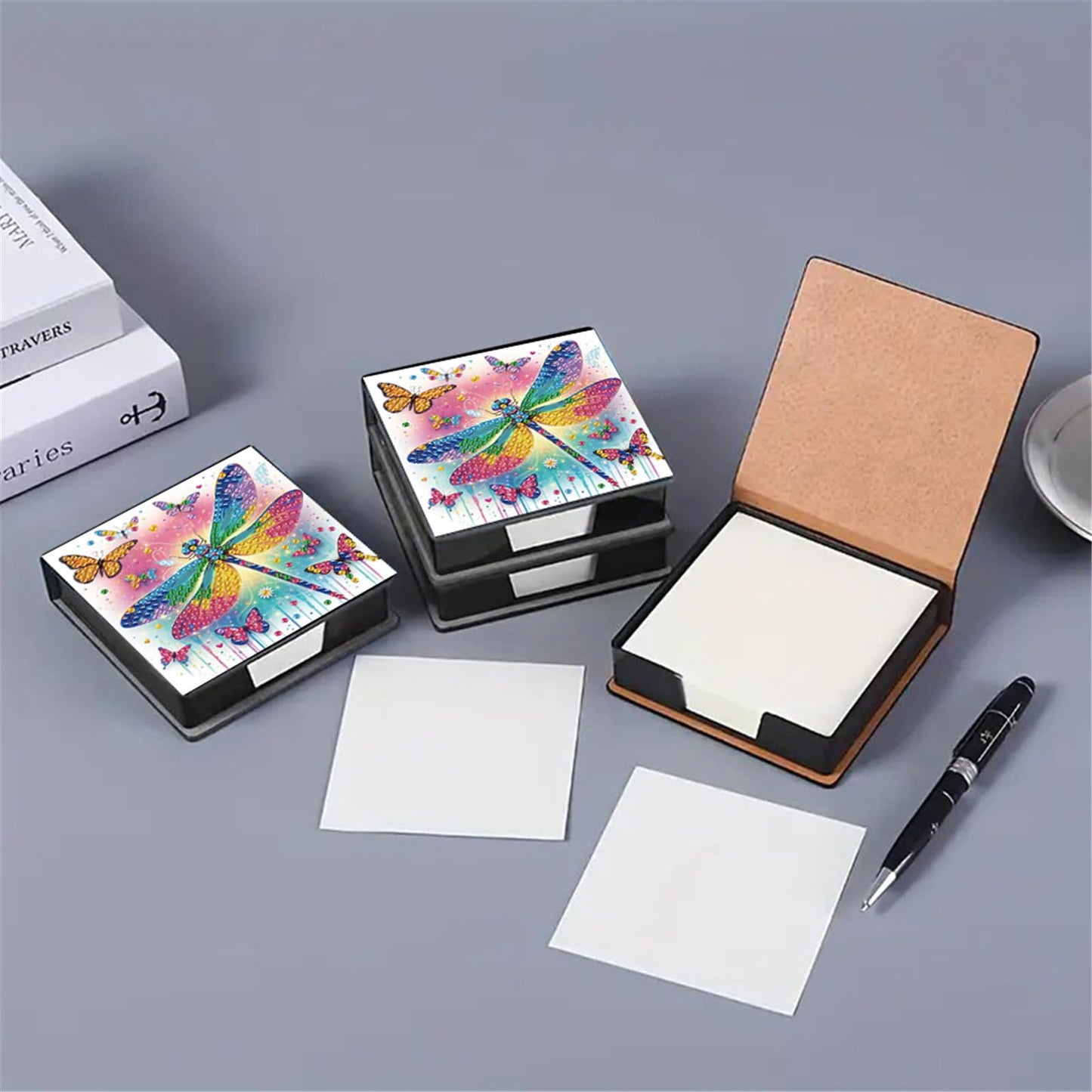 POETRYDRAW 5D DIY Diamond Art Painting Notecard Box Dragonfly– Memo Pad Sticky Note Holder with 160 Sheets, Gem Art Notecard Organizer for Adults