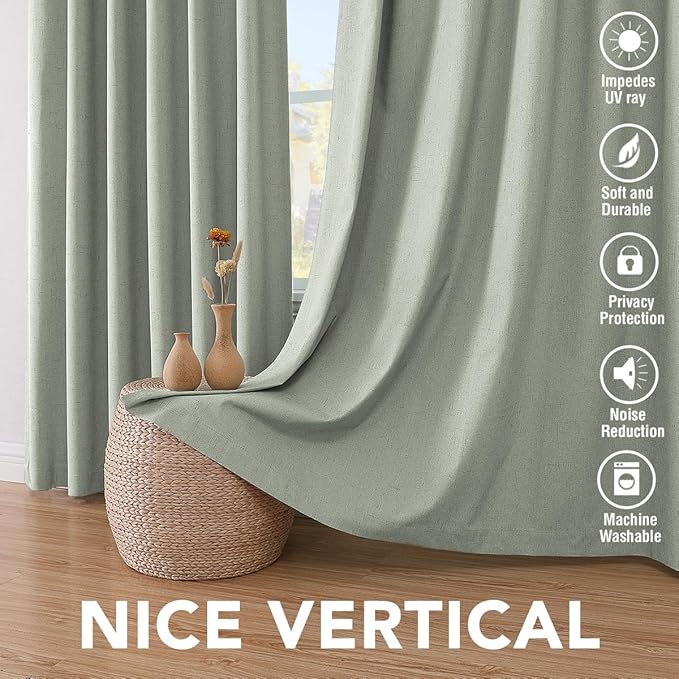 H.VERSAILTEX Linen Blackout Curtains 96 Inches Long 100% Absolutely Blackout Thermal Insulated Textured Linen Look Curtain Draperies Anti-Rust Grommet, Energy Saving with White Liner, 2 Panels, Sage