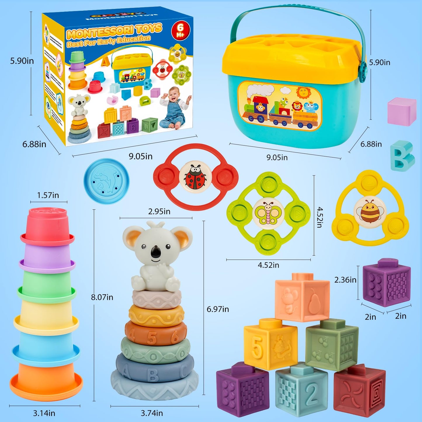 Montessori Toys for Babies Ages 6–12–18 Months with Sensory Shape Sorter Matching Game Box Stacking Cups Soft Ring, Building Blocks, Spinner Developmental Learning Toys for Toddlers 1+ Year Old