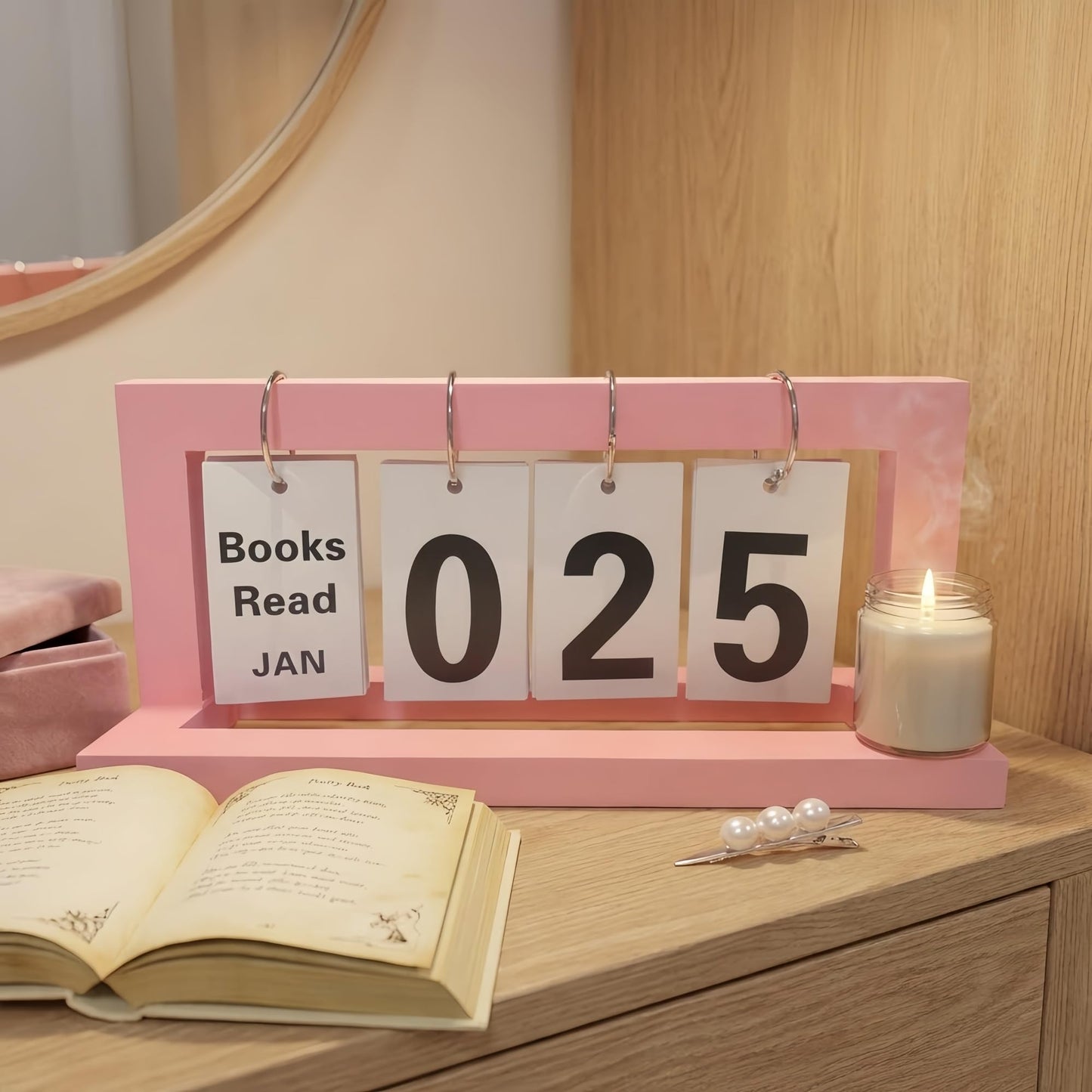 WONGSAI Wooden Books Read This Year Counter Tracker, Modern Style Library Decor Sign, Tabletop Display Stand This Month, Book Lover Gift for Librarian, Reader, Teacher, Women (Pink)