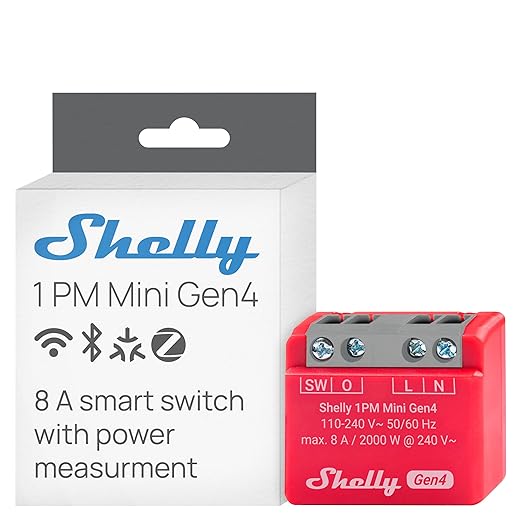 Shelly 1PM Mini Gen4 | Wi-Fi, Zigbee, Matter Smart Relay Switch with Power Metering, 1-Channel 8A | Home Automation | Alexa, SmartThings, Google Home, Apple HomeKit Compatible | iOS Android App
