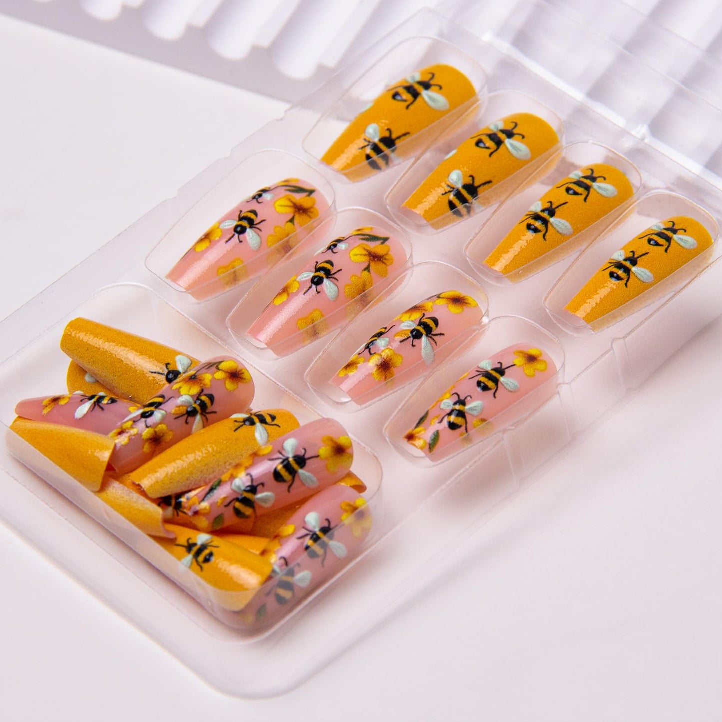 TOGZOM Spring Press on Nails Short Coffin Square Acrylic False Nails 24Pcs Yellow Flowers Bee Floral Designs Glossy Glue on Nails for Women Girls Manicure