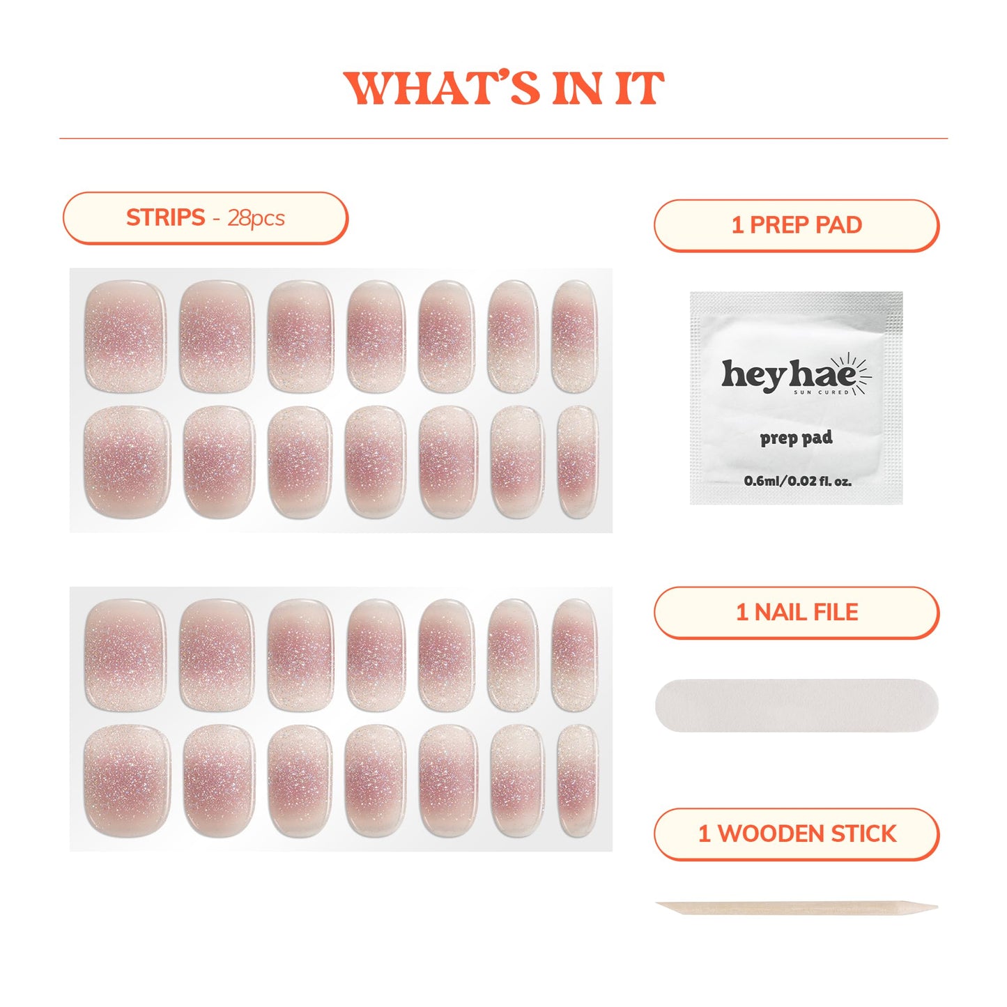 Heyhae Semi Cured Gel Nail Strips | No LED Lamp Needed | Glitter, Pink, Spring | Easy Apply & Remove, Salon Quality | Includes 28 Strips, 1 Prep Pads, Nail File & Wooden Stick - Hey, Picnic Date?
