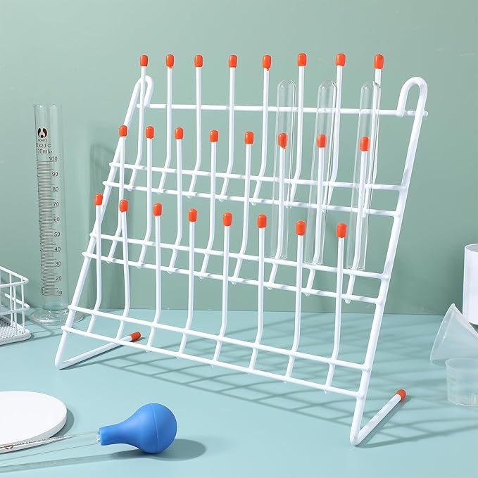 TEHAUX Lab Drying Rack, Space-Saving Lab Beaker and Tube Drying Holder with Non-Slip Red Top, Sturdy Iron Frame, 24 Pegs Vertical Drying Rack for Laboratory Glassware and Bottles (White)