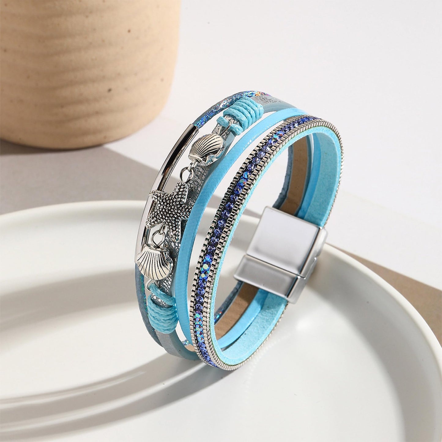 VIBILIA Boho Leather Wrap Bracelets for Women Shell starfish Multi-Layer Bracelets with Strong Clasp Jewelry for Women-Blue