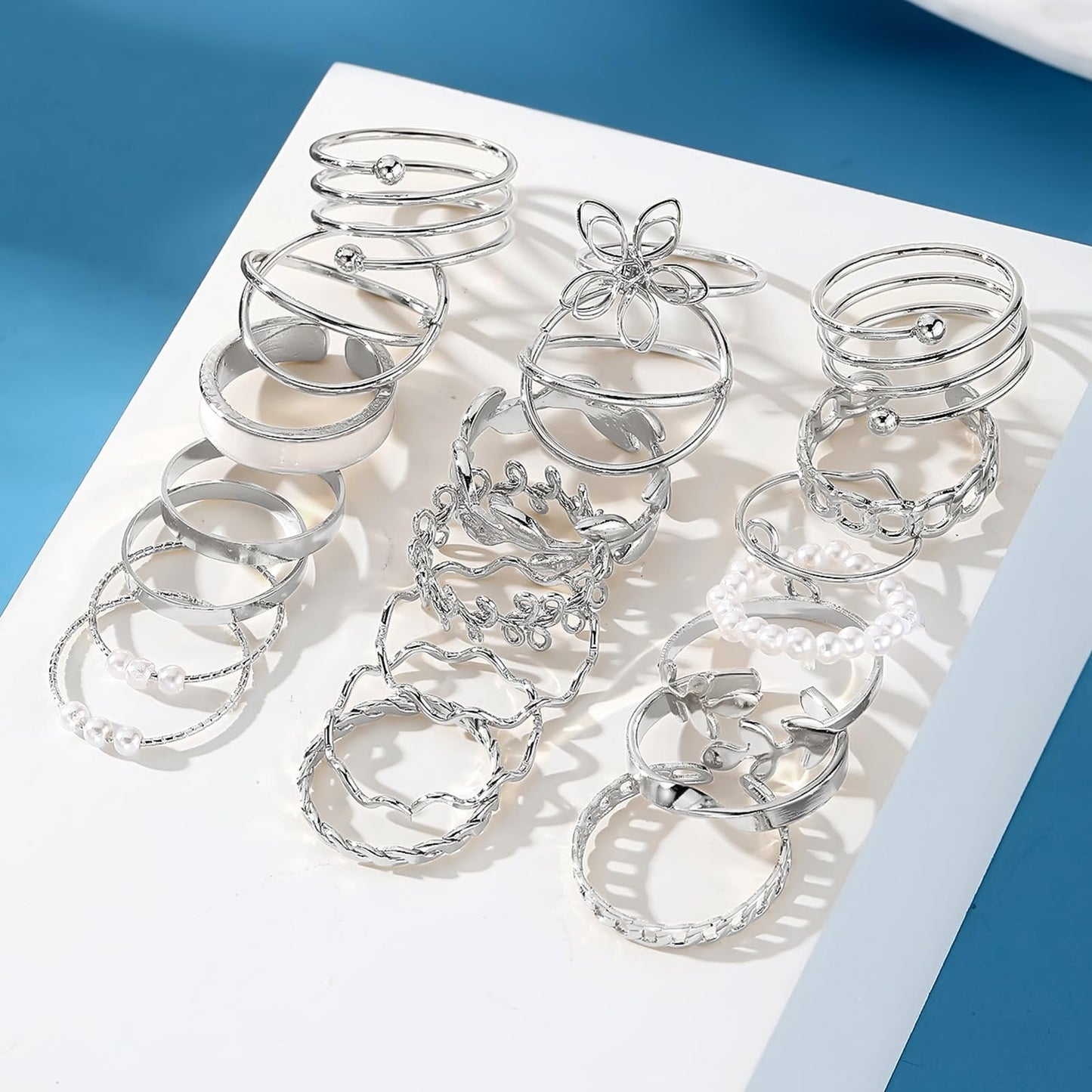 IFKM 21 Pcs Silver Knuckle Rings Set For Women Vintage Stackable Joint Finger Midi Rings Dainty Cubic Zirconia Crystal Simple Twist Hollow Cute Ring Pack Jewelry Gift
