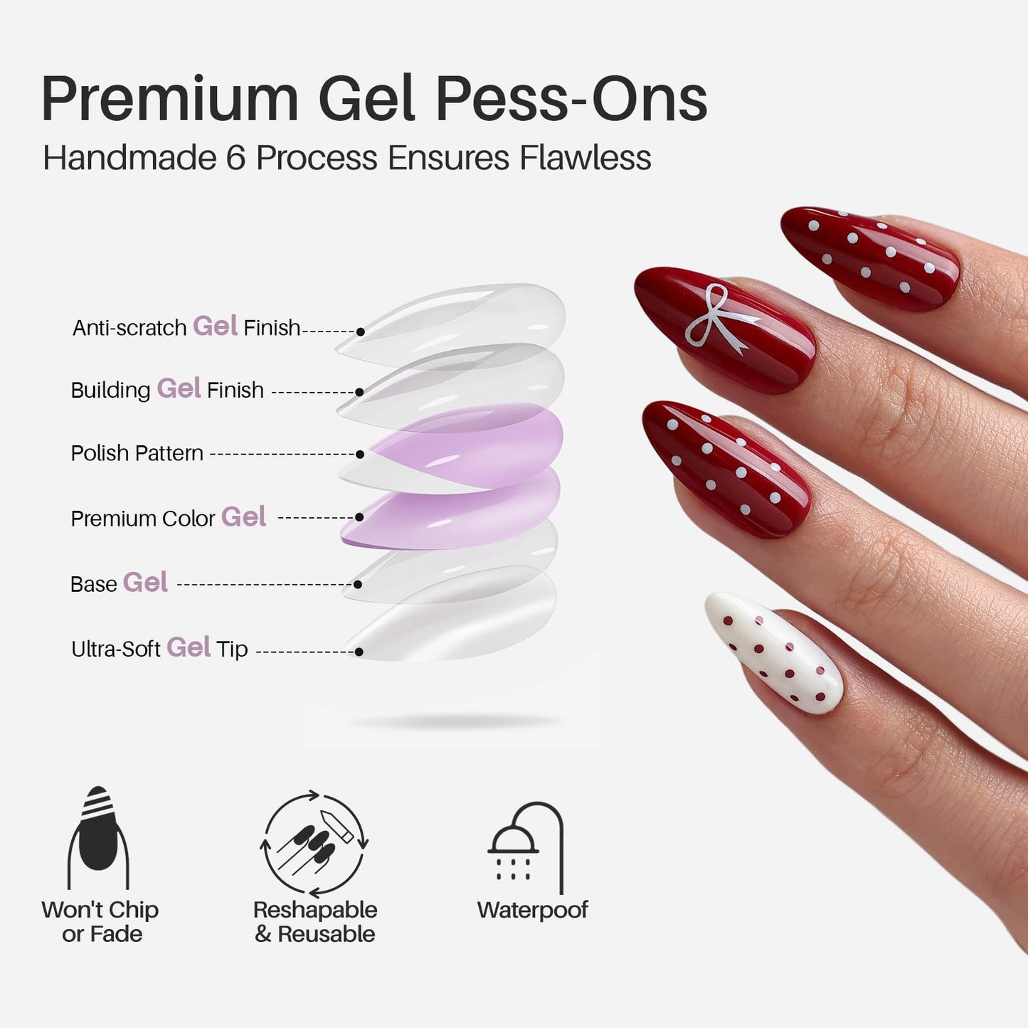 Red and White Medium Press on Nails - Polka Dot and Bow Design, SHANGMENG Soft Gel Almond Nails for Women, Glue on Nails in 16 Sizes - 32 Reusable Fake Nails Kit with Glue, Red & White Variation