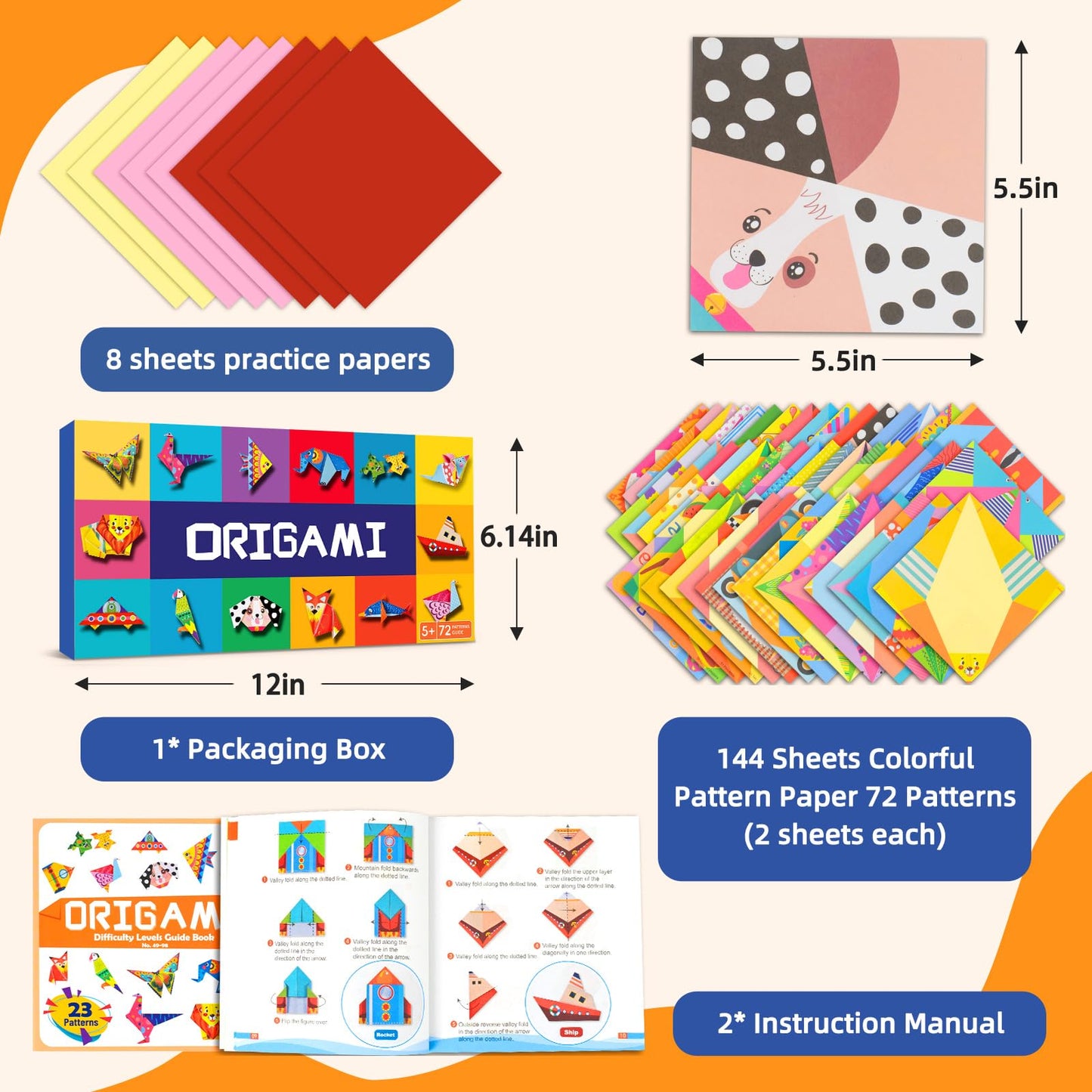 DoodleDoo Origami Paper Kit for Kids Ages 5-8 8-12,152 Sheets Origami Paper - 72 Double Sided Patterns with Instructional Book,DIY Art Craft Projects,Travel Game Activity,Gift for Boys Girls Beginners