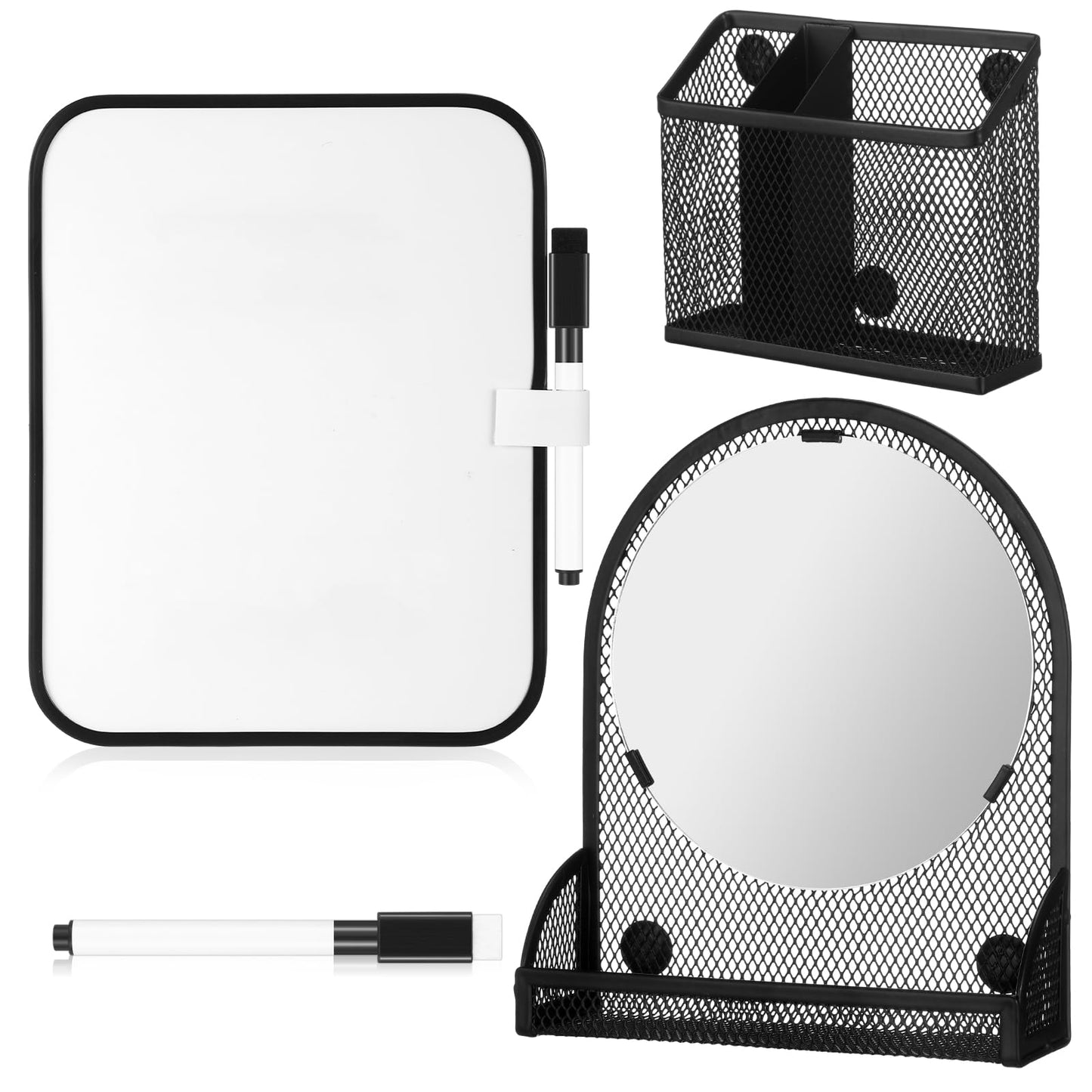CroBlissful Set of 3 Magnetic Locker Accessories Include Mirror with Bottom Tray Magnetic Whiteboard with 2 Markers and Mesh Storage Basket for Students School Office Locker Organizer(Black)