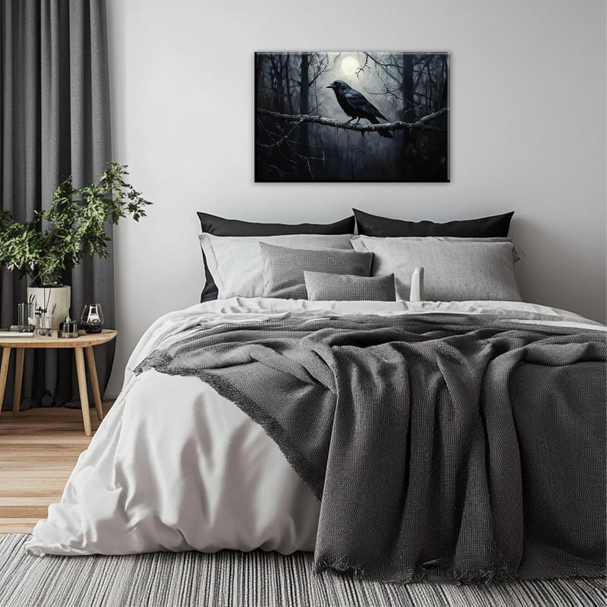 OAAPITI Crow Canvas Wall Art Black Crow Stand On The Branch Picture Print Moonlit Night Poster Vintage Forest Landscape Painting Artwork Living Room Halloween Decor(Artwork-1,28"x42")