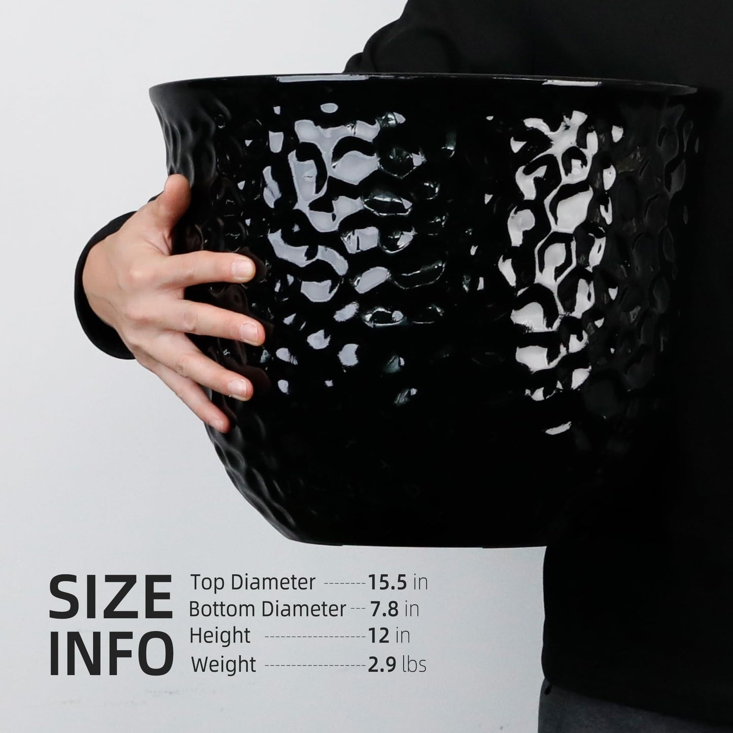 Worth Garden 2-Pack 15.5" Dia Planter - 11.8" H Large Round Glossy Black Plant Pots with Drain Hole - Lightweight Decorative Plastic Flower Pots for Indoor Outdoor Use, Front Porch, Home, Yard, Deck