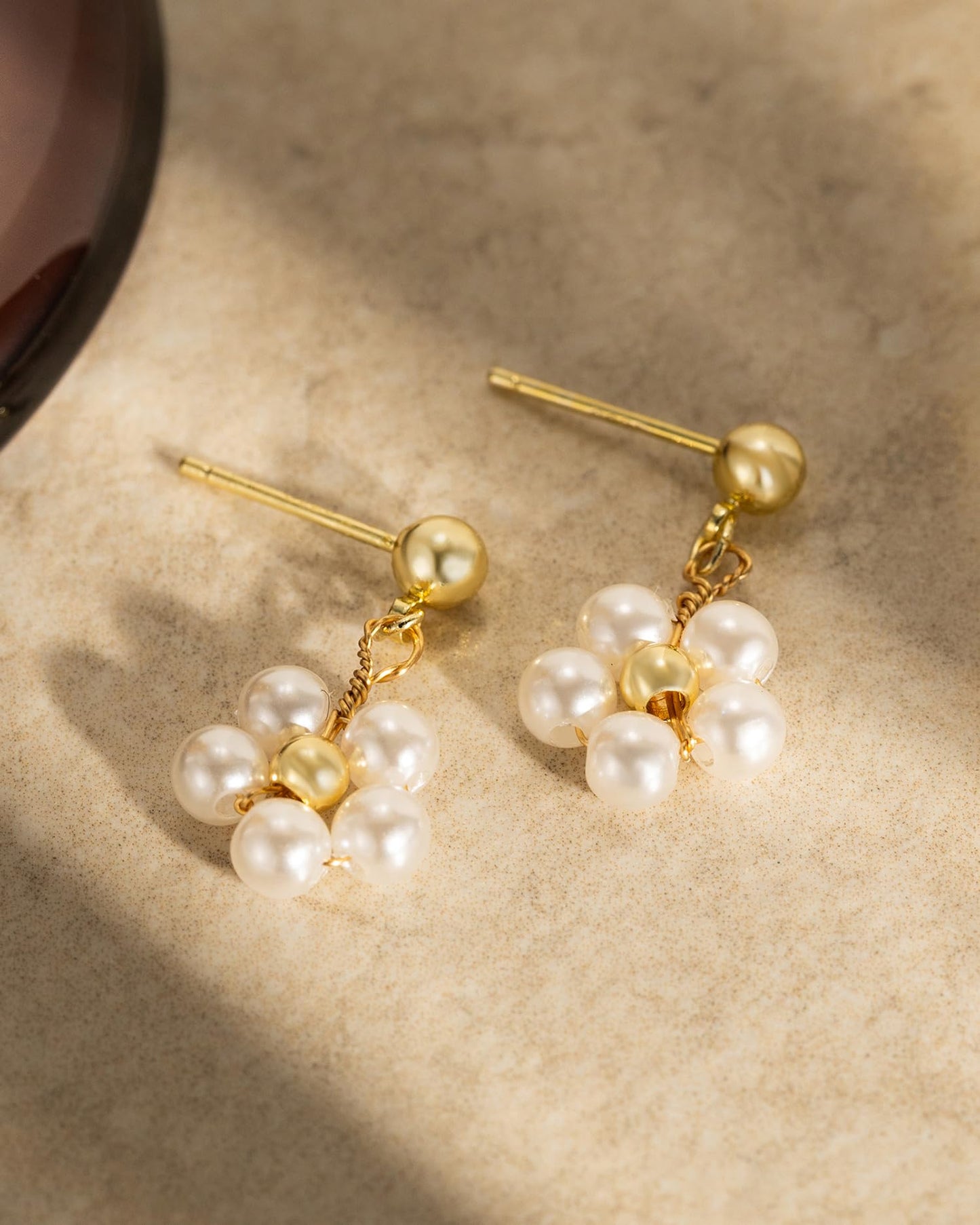 BSGRL Pearl Earrings - 14k Gold Plated Cute Daisy Flower Drop Pearl Earrings for Women