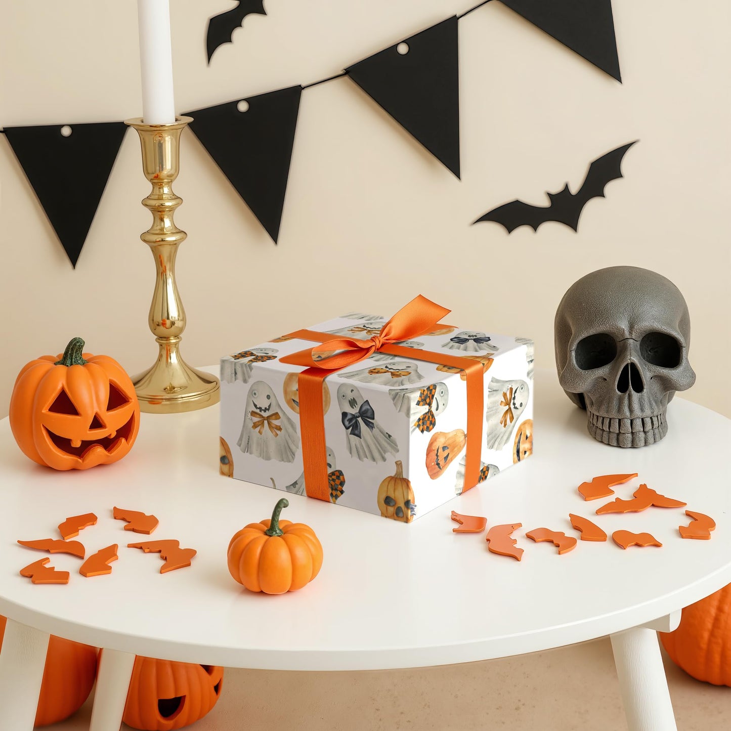 LeZakaa Halloween Wrapping Paper Roll 13" Gift Bag with Tissue Paper, Gift Tag, and Card, Evil Pumpkin Fluorescent Black Design