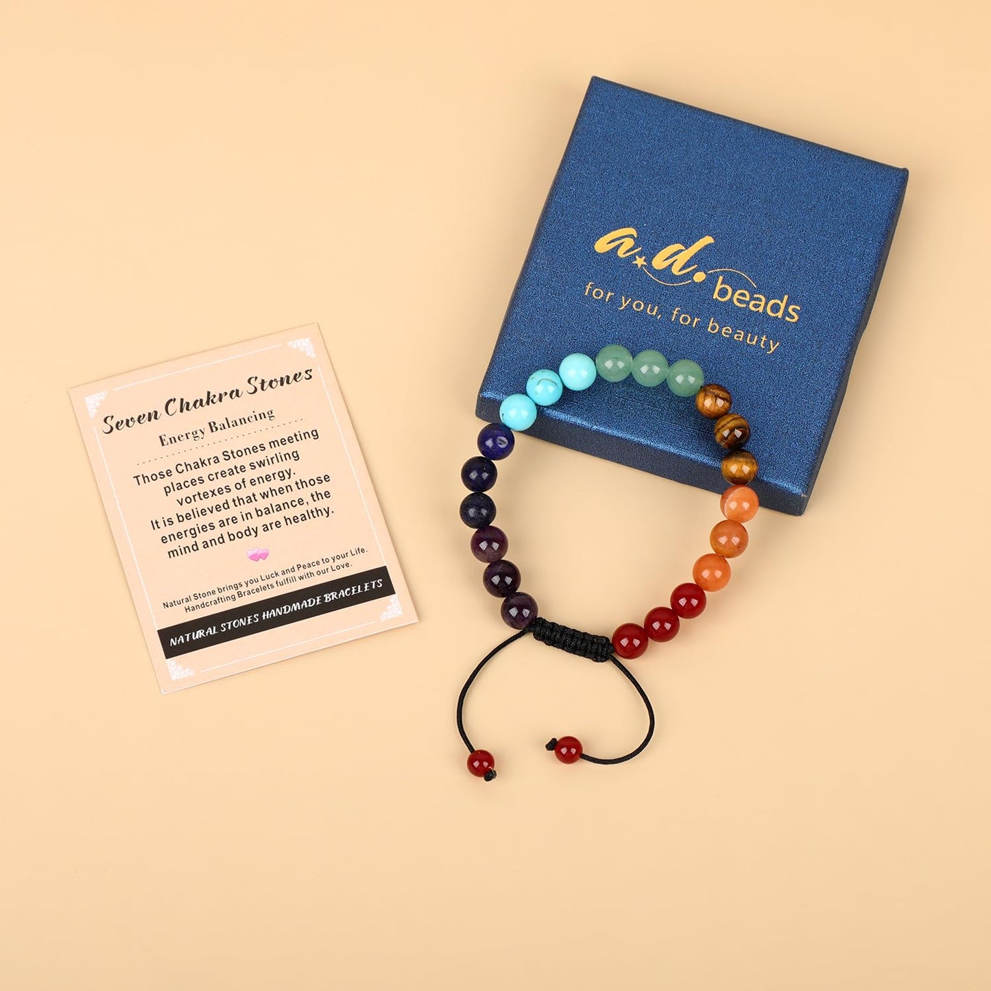 AD Beads 8mm Seven Chakra - Energy Balancing - Handmade Natural Stone Crystal Bracelet with Adjustable Macrame String - Yoga Healing Power Energy Gifts for Men and Women
