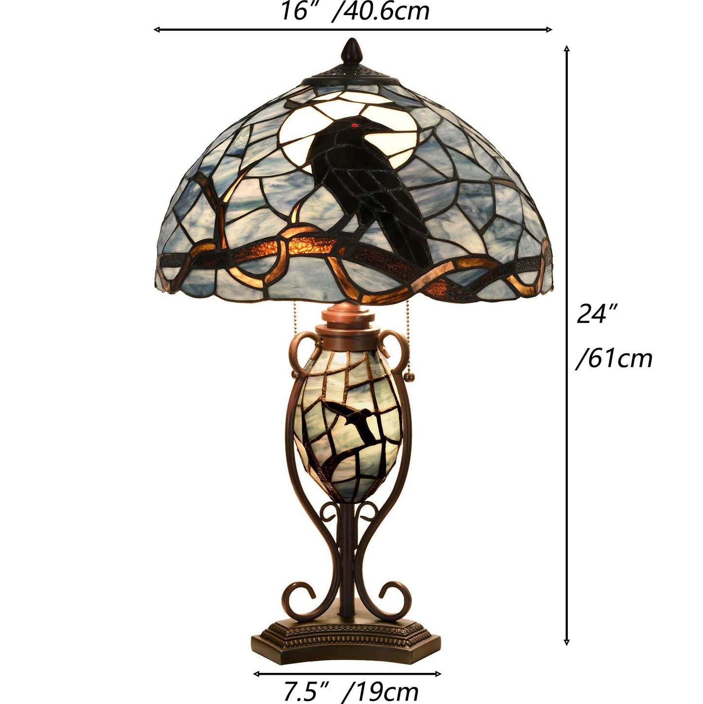 Bieye L10954 Raven Sitting on Bare Tree Branch in Full Moon Night Tiffany Style Stained Glass Table Lamp for Home Decor (Dark Blue, 16Wx24H)