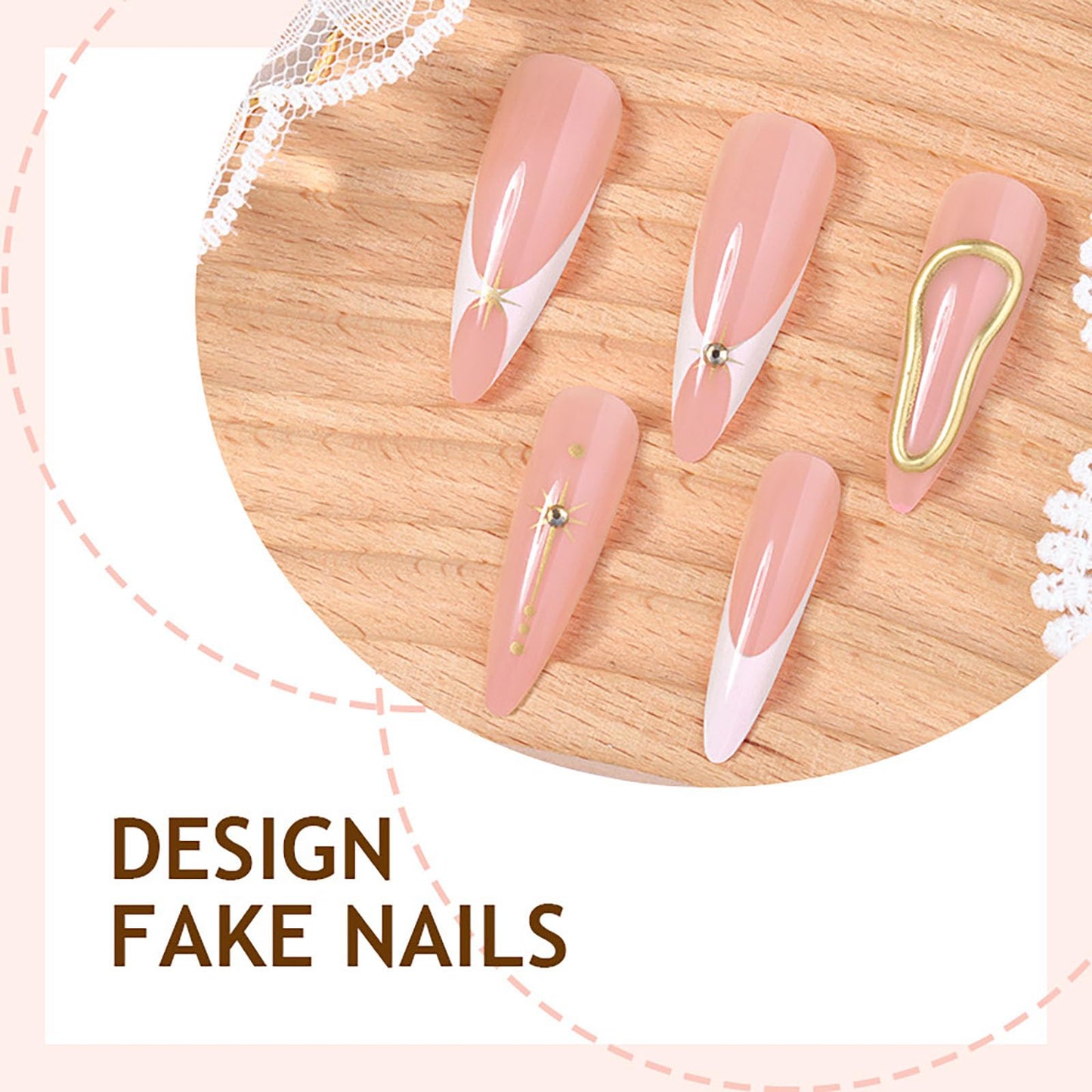 RUOKEXIN Long Stiletto Press on Nails French Tip Fake Nails Pink False Nails with Gold 3D Star Designs Almond Nail Press ons Sparkly Artificial Nails for Women 24Pcs
