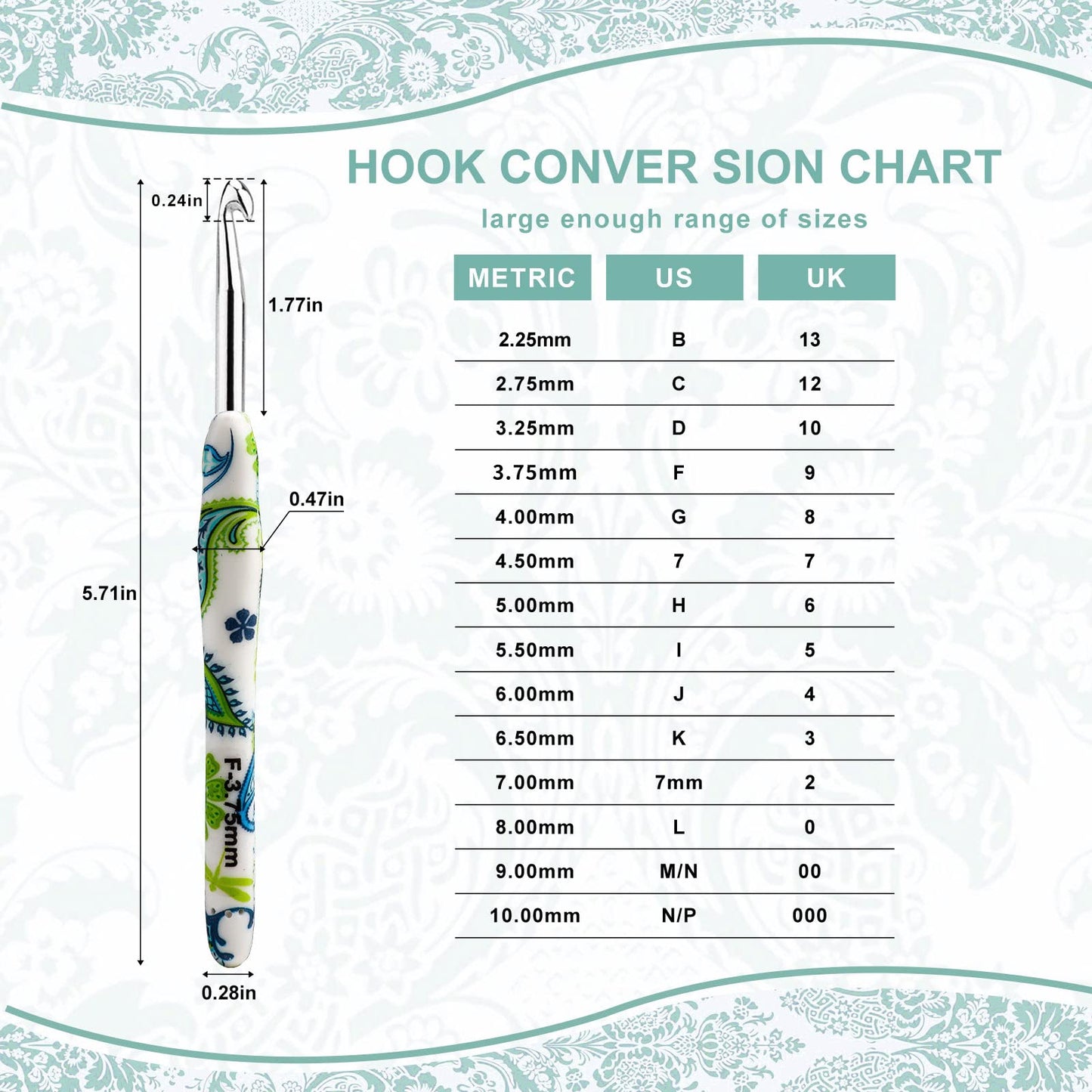 Looen Crochet Hooks Set, 14 Sizes 2.25mm(B)-10mm(N) Ergonomic Handle for Arthritic Hands, Soft Rubber Grip Knitting Needles Kit for Crochet Beginners, Knitting Enthusiasts(Green)