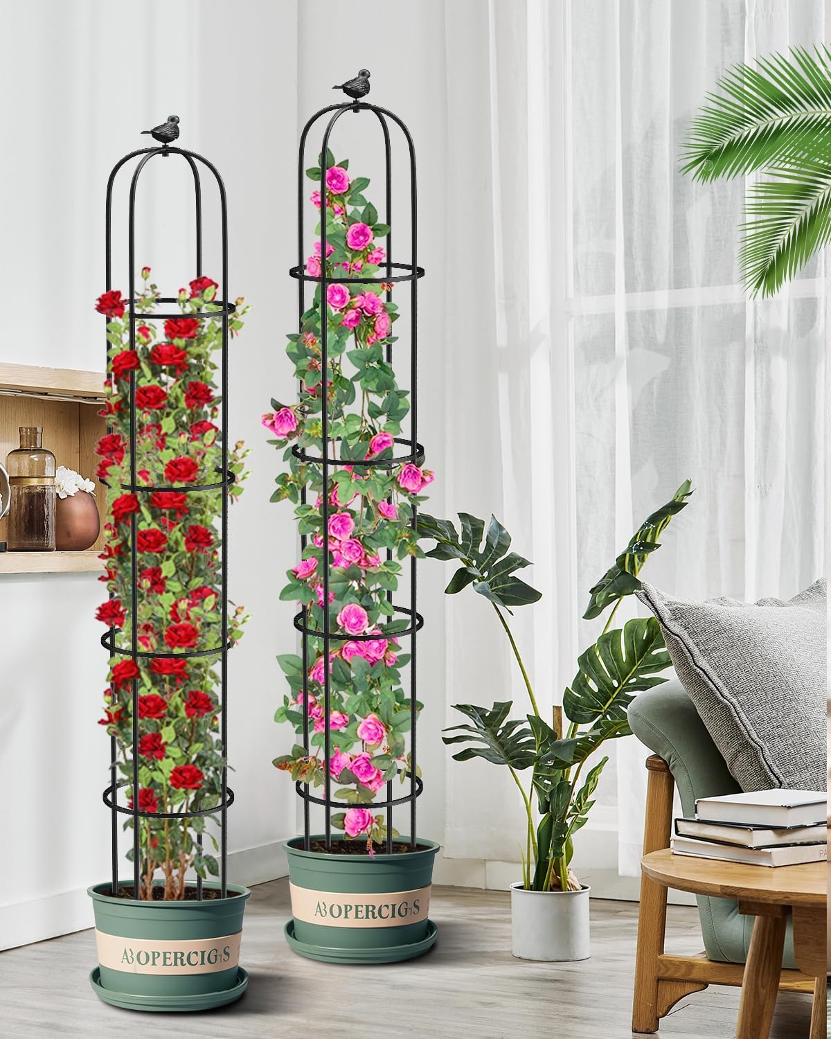 2 Pack Garden Obelisk Trellis for Climbing Plants Outdoor, 6.2 FT Tomato Cage, Rose, Flowers, Grape, Pea, Cucumber Trellis, Rustproof Plastic Coated Metal Plant Support Trellis for Potted Plants