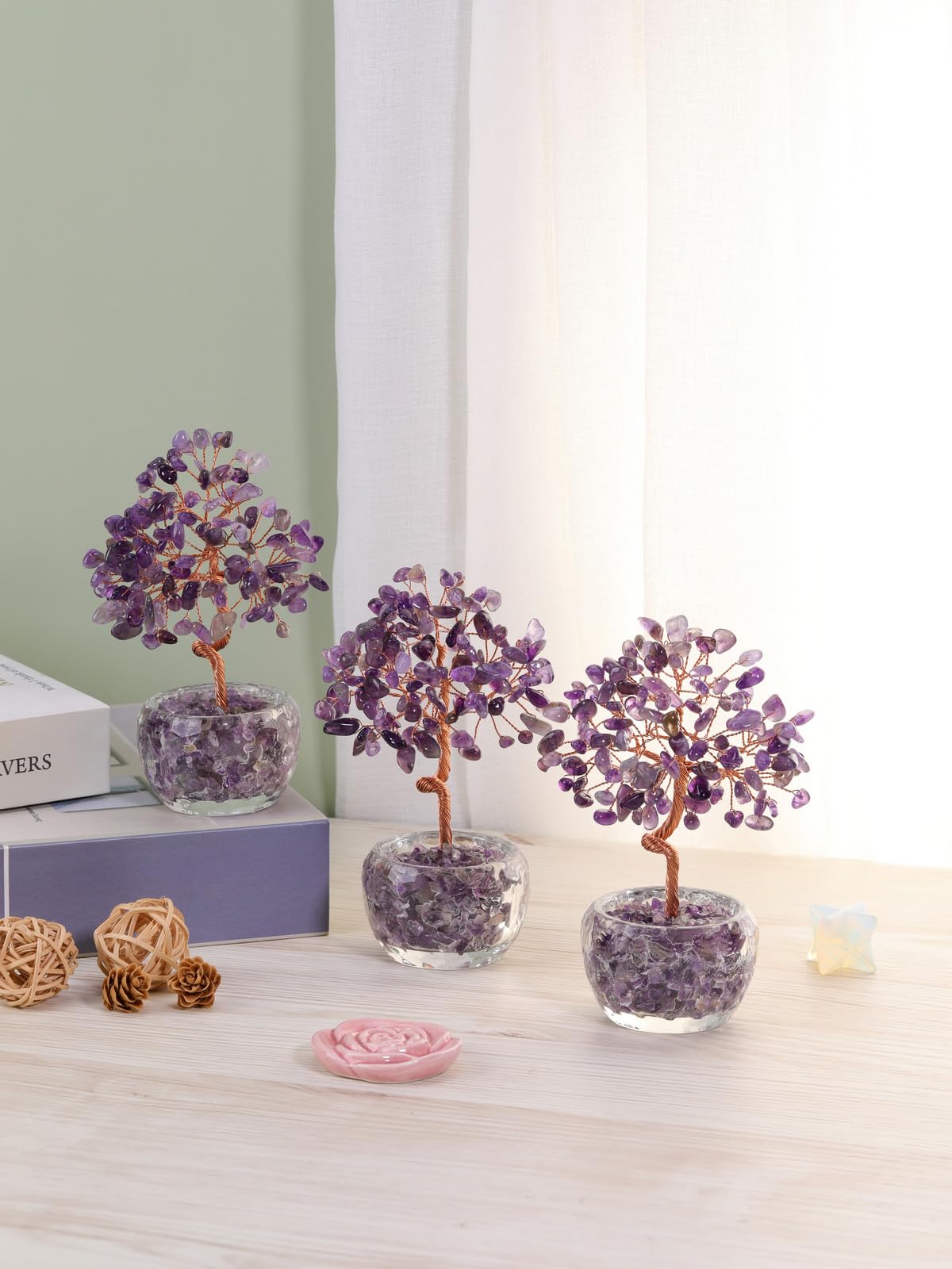 Top Plaza Healing Crystals Amethyst Crystal Tree with Glass Base Handmade Natural Gemstone Life Tree Mini Bonsai Money Trees Good Luck Home Office Desk Decor