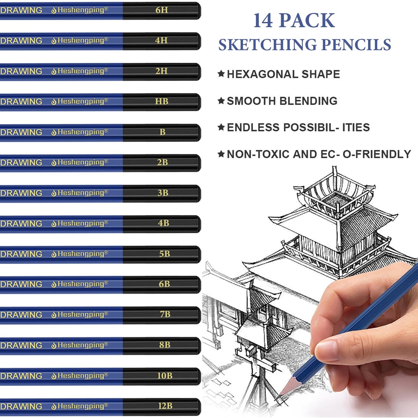 Drawing Sketching Pencil Set, 26 pcs Draw Supplies Kit, 14 Graphite (12B -6H), Charcoal Erasers Sharpener Extender, Ideal for Drawing Art, Sketching, Shading, Artist Pencils for Beginners Pro Artists