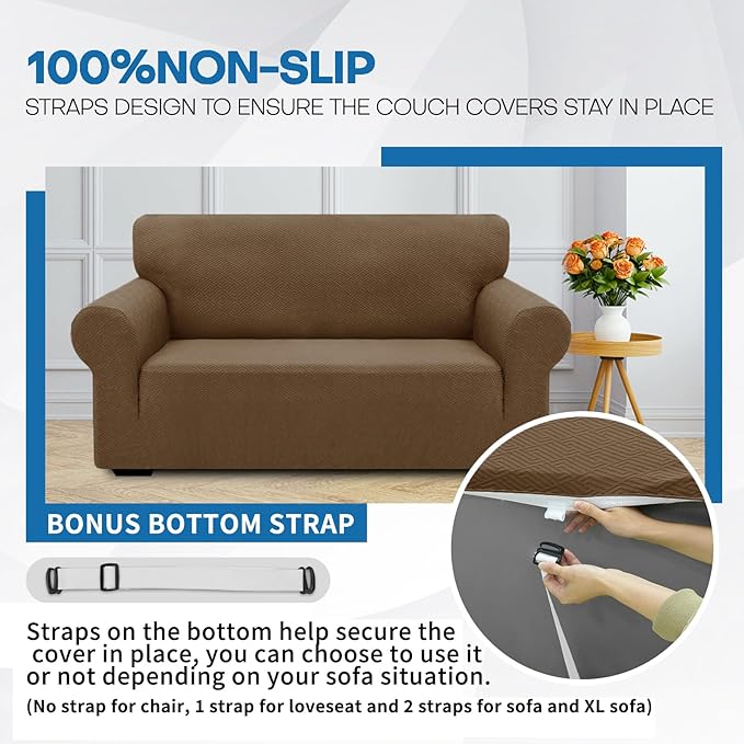 XINEAGE New 1 Piece Couch Covers for 2 Cushion (55"-69") Stretch Loveseat Sofa Cover Slipcover Jacquard Universal Furniture Protector with Elastic Bottom for Kids,Dog (Loveseat, Brown)