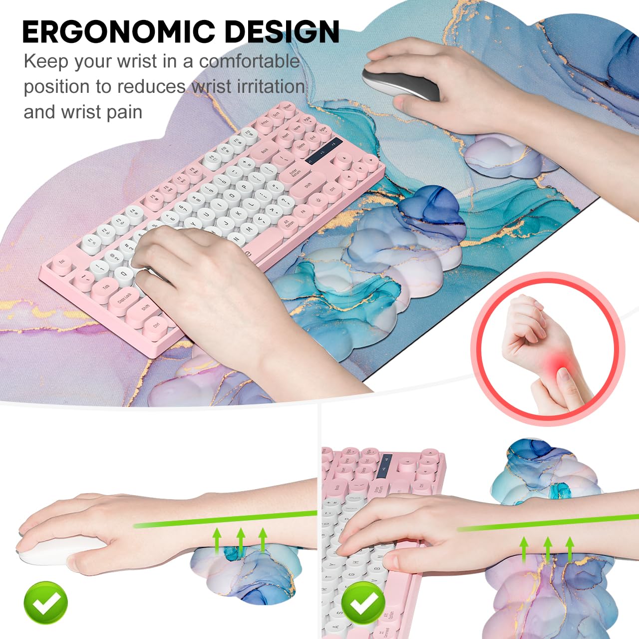 JIKIOU Large Cloud Mouse Pad Waterproof with Cloud Keyboard Wrist Pad and Cloud Mouse Wrist Pad Set, Ergonomic Computer Desk Wrist Support Mousepad for Keyboard and Mouse 35.4x15.7in Marble Blue
