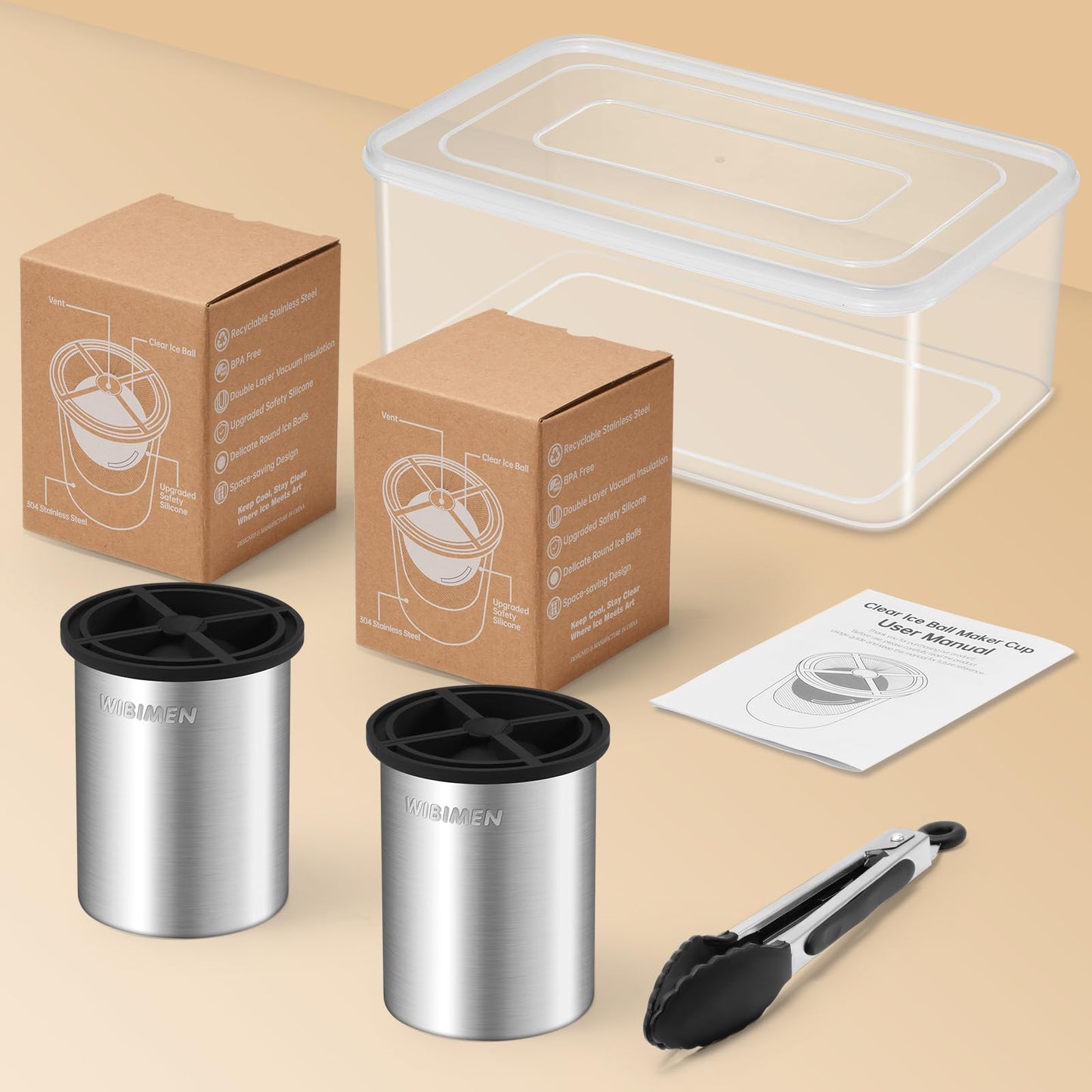 Clear Ice Cube Maker - 2.5" Ball - Stainless Steel Clear Ice Maker - Compact Design - for Whiskey, Cocktails, Bourbon - 2 PACK with Ice Tong & Ice Box