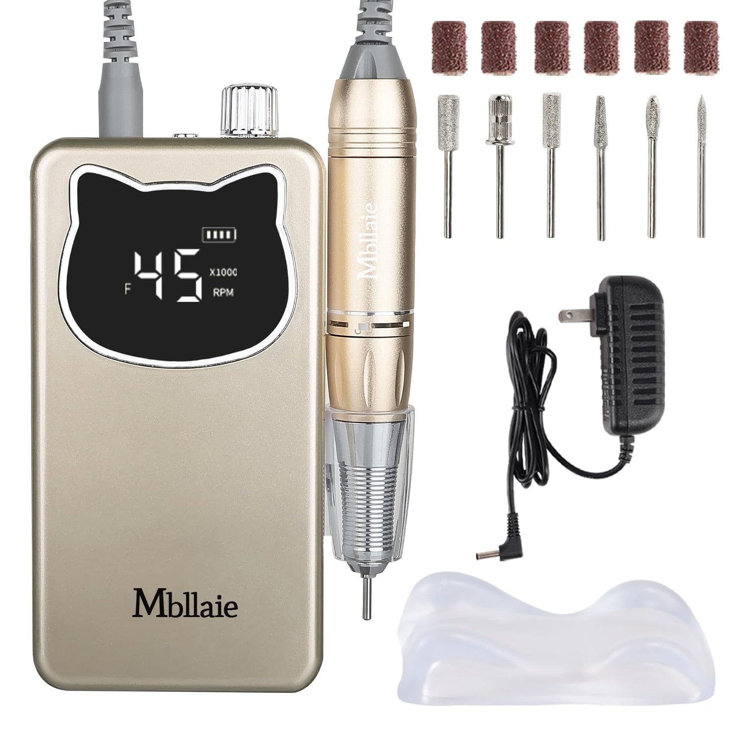 Professional Nail Drill File 45000RPM Electric Portable Kit with Rechargeable 8 uñas Bits Cordless Efile for Gel Acrylic Remover Home Salon Manicure Base Tool (Gold)