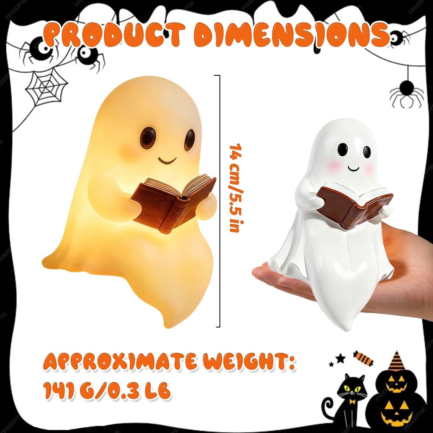 YYPLIAN 3D Resin Halloween Ghost Night Light, Ghost Warm Lighted Indoor Figurine Lamps for Bedroom Study Room Funny Christmas Indoor LED Nightlight (Cute Ghost Light, 8")