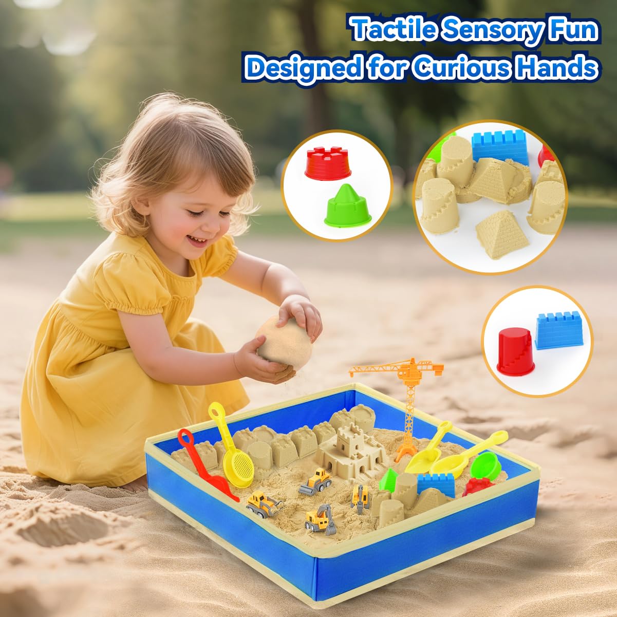 Sensory Beach Toys for Toddlers - 44PCS Sand Construction Kit with 8 Trucks, Foldable Sandbox, 2.7lbs Magic Sand, Crane, Signs, Molds, Shovel – Outoor Toys for Boys & Girls Ages 3+