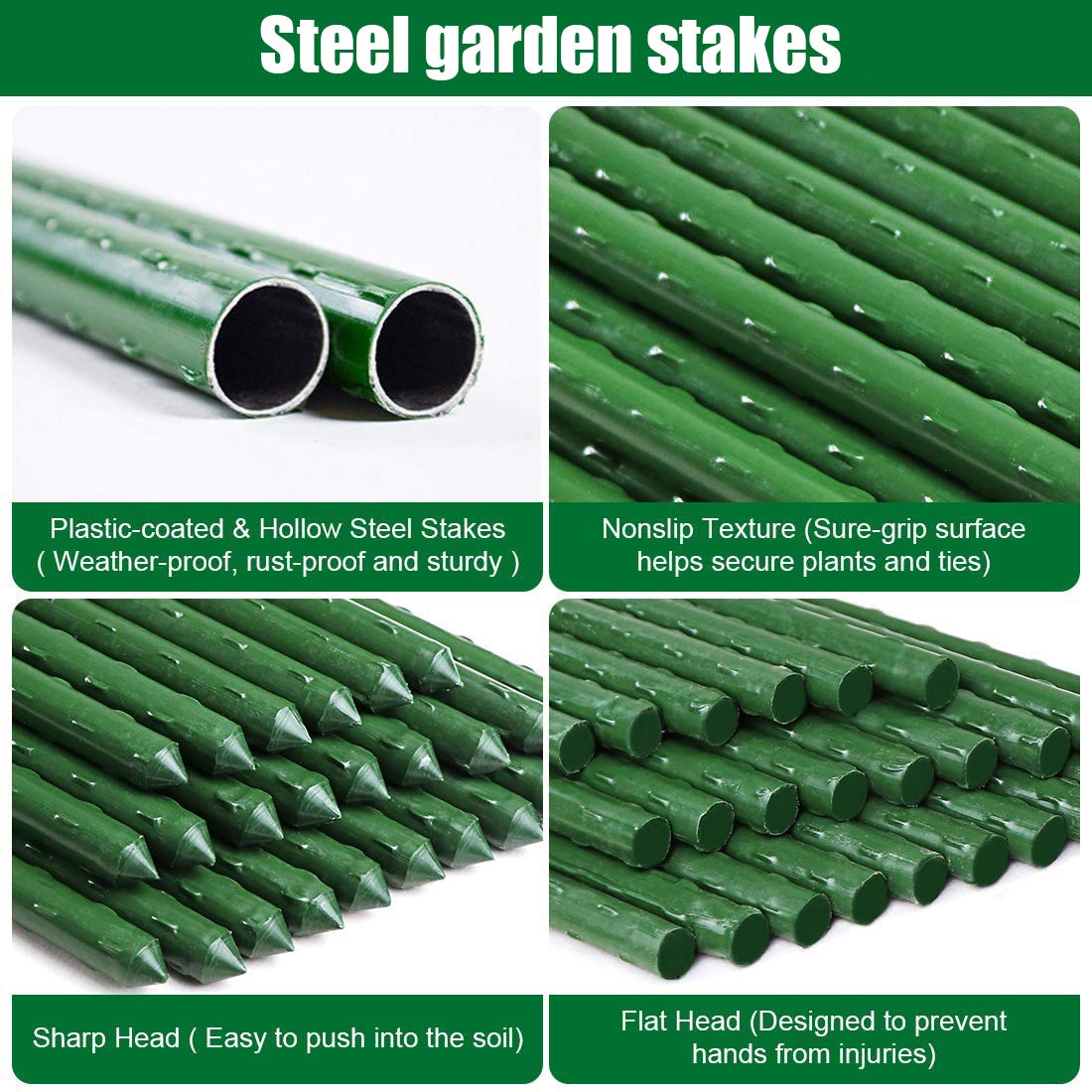 Mininfa Steel Plant Stakes 6 Feet, Plastic Coated Metal Garden Stakes Supports Climbing for Tomatoes, Trees, Beans, 10 Pack