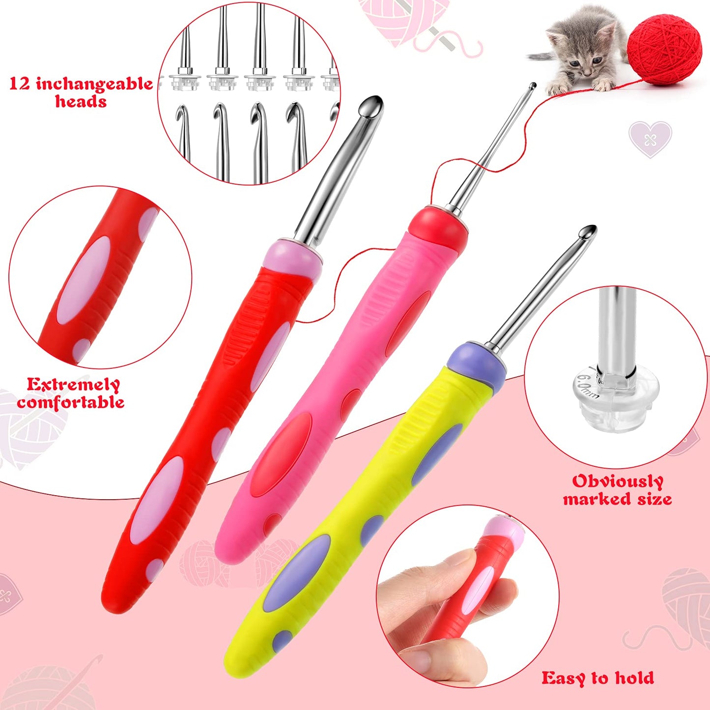 12 Sizes 2.0 mm to 8 mm Crochet Hooks Set, 3 Pcs Soft Grip Ergonomic Interchangeable Handle Crochet Hooks Beginner Knitting Kit Gift for DIY Crafts Knitting Tools