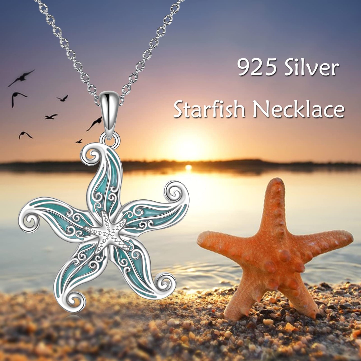 CRMAD Beach Starfish Necklace Sterling Silver Teardrop Ocean Jewelry for Women (starfish)