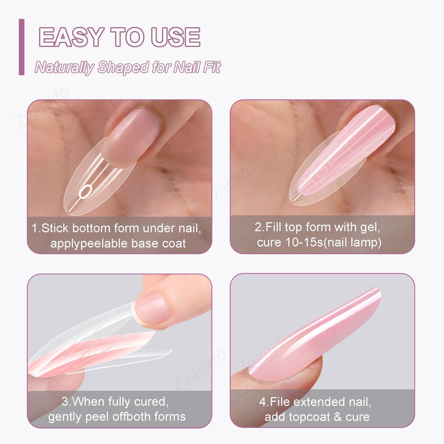 Zvarikto Sandwich Nails Dual Forms 240Pcs Oval Shape, Dual Nail Extension Forms with 15 Sizes, Reusable Plastic Nail Mold for Builder Gel & Poly Gel, No Paper Forms Needed, Salon & Home DIY Nail Art