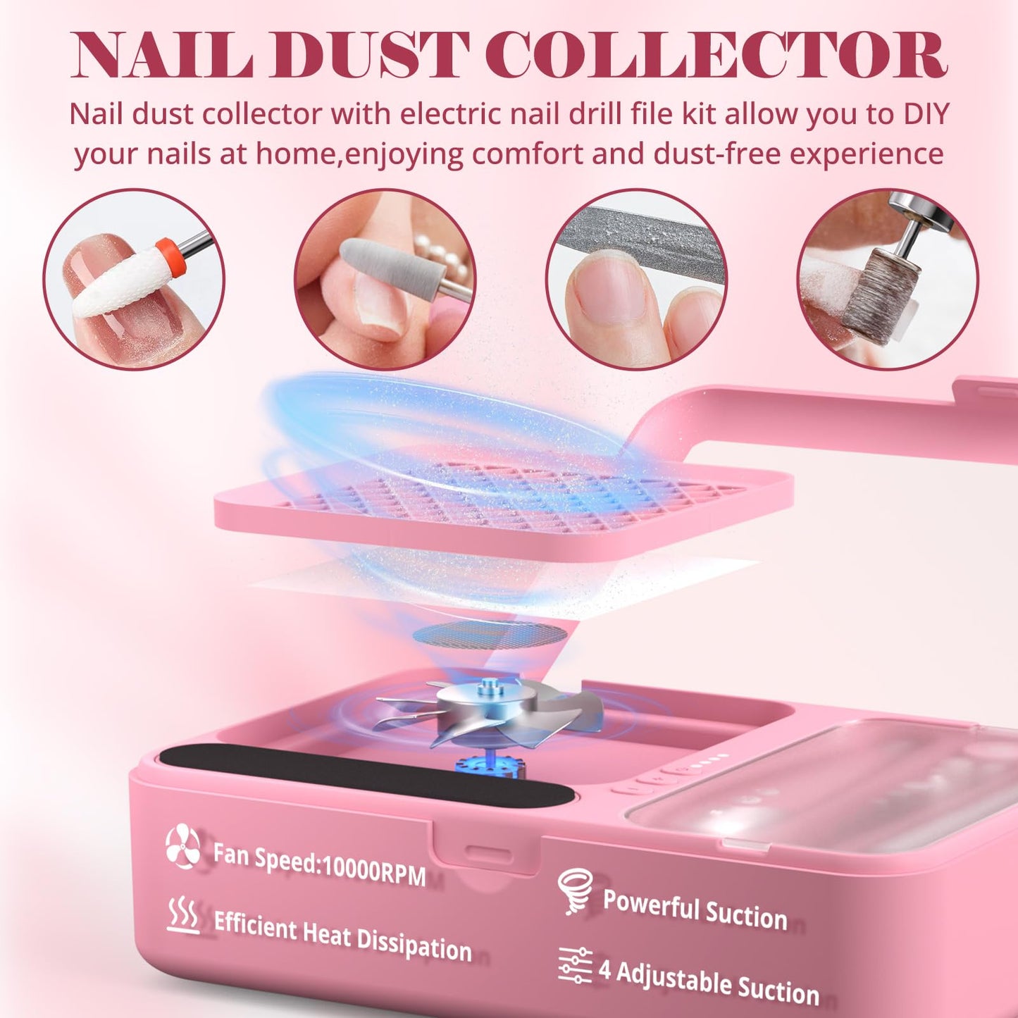 Nail Dust Collector and Cordless Electric Nail Drill File Kit, Professional Portable Manicure Pedicure, 13 Bits, HPro Powerful Dust Suction Machine for Home Salon - Pink