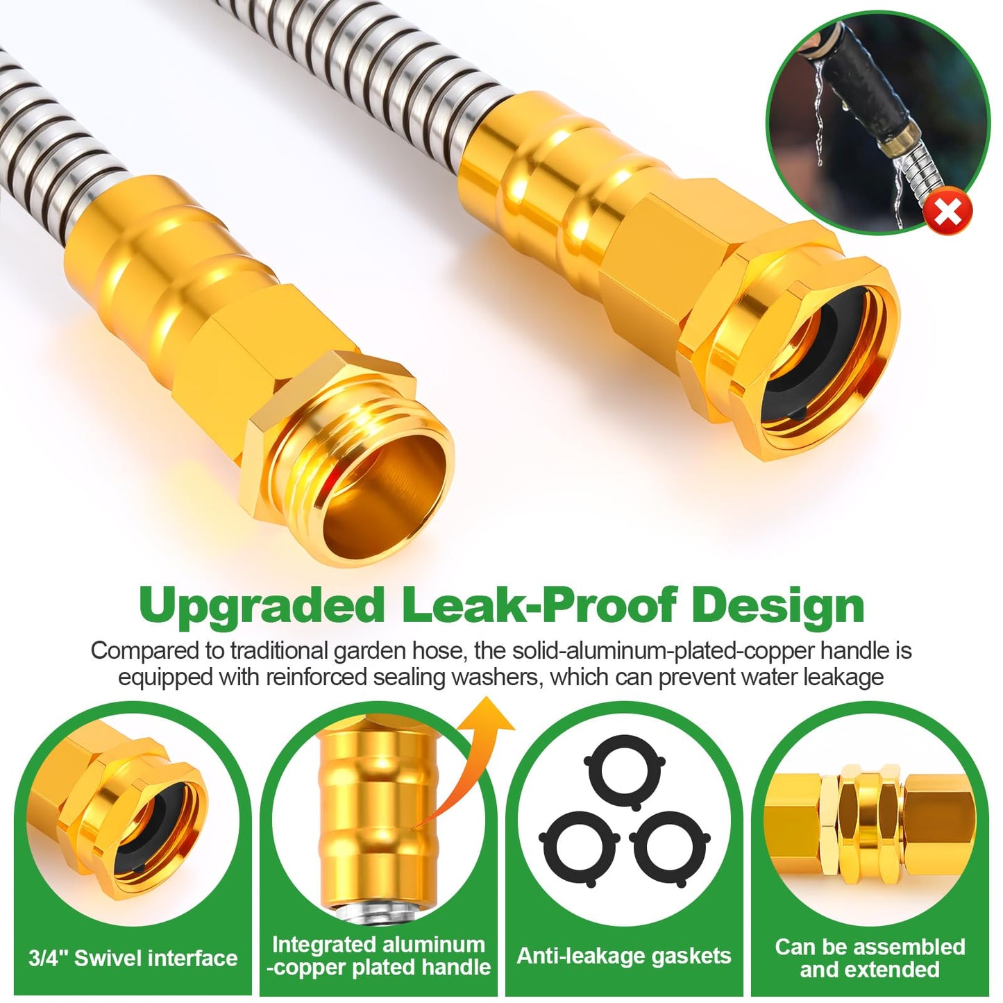 Toolasin Garden Hose 100FT, Flexible Stainless Steel Water Hose with 10-Function Nozzle, No-Kink, Leak-Proof, Wear-Resistant, 3/4 GHT, Easy to Use and Store, Ideal for Garden, Yard, Outdoor