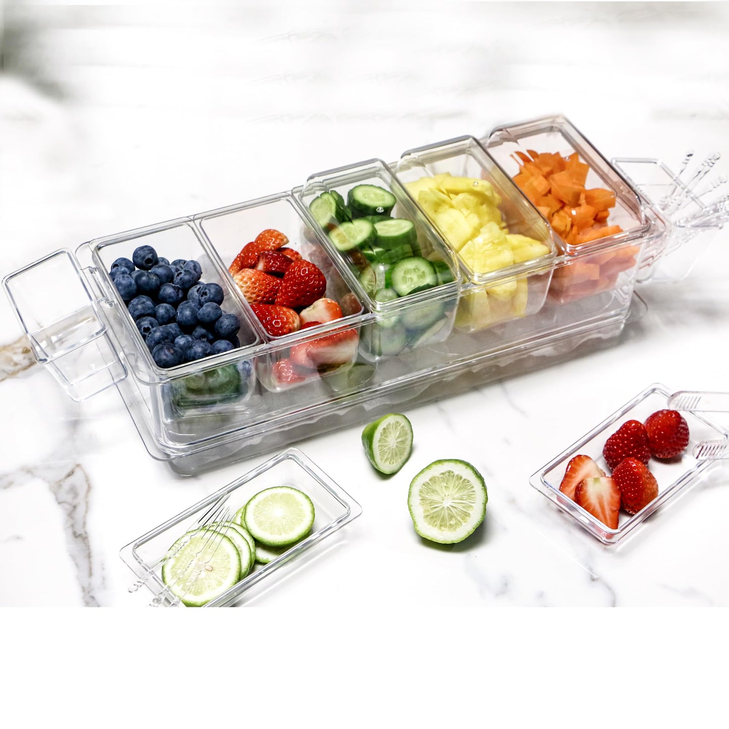 IVYHOME Chilled Condiment Server, Taco Bar Serving Set, Versatile Ice Containers, with 5 Lidded Containers and Detachable Ice Storage Layer, 2 Hanging Cups for Storing Tong and Forks