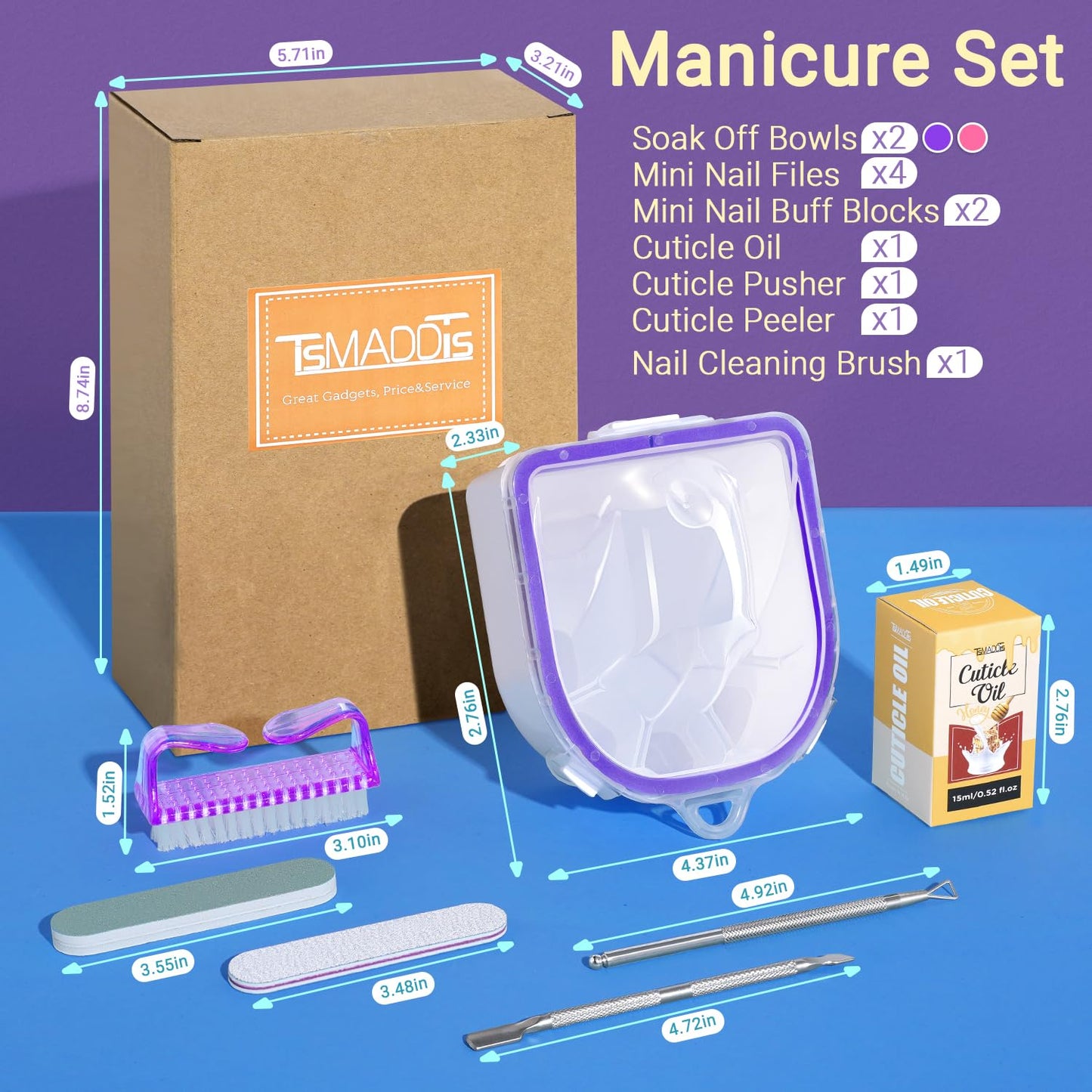 TsMADDTs 12 pcs Nail Soaking Bowl Acetone Gel Polish Remover Kit with 2 pcs Soak Off Bowls Manicure Bowls for Hands, Cuticle Remover Tools, Cuticle Oil, Files, Buffers, Brush, Dip Removal Kit
