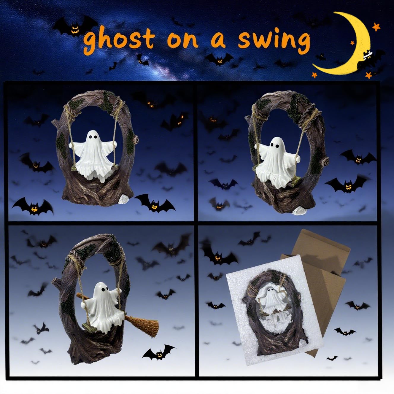 T Starlight Bright Q Swinging Ghost on Tree Swing, Cute Swinging Ghost Halloween Figurine Indoor Decoration, Desktop & Bookshelf Decor, Outdoor Courtyard Garden Decoration, Halloween Ghost Gift