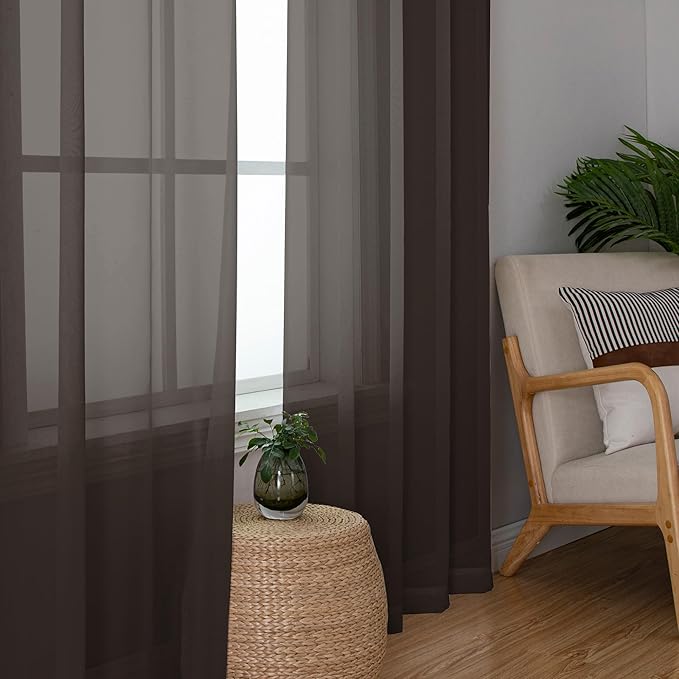 Chyhomenyc Chocolate Brown Sheer Curtains 72 Inch Length 2 Panels, Light Filtering Soft Airy Rod Pocket Voile Window Curtain Drapes for French Door Bedroom Living Room, Each 42Wx72L Inches