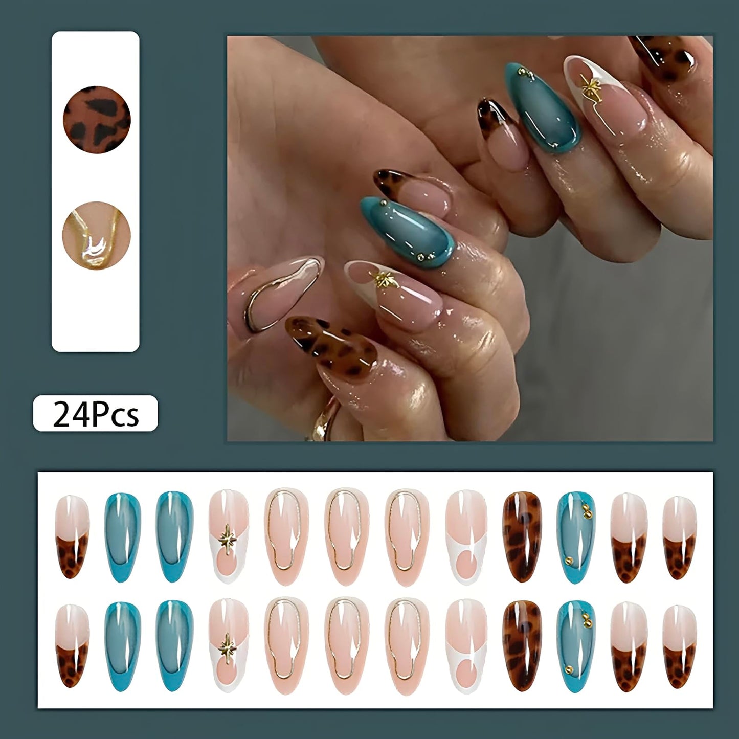 24Pcs Medium Almond Press on Nails French Tip Fake Nails with Brown Leopard Gold Line Design Glossy Reusable False Nail Artificial Acrylic Nails Press ons Holiday Stick on Nails for Women DIY Manicure