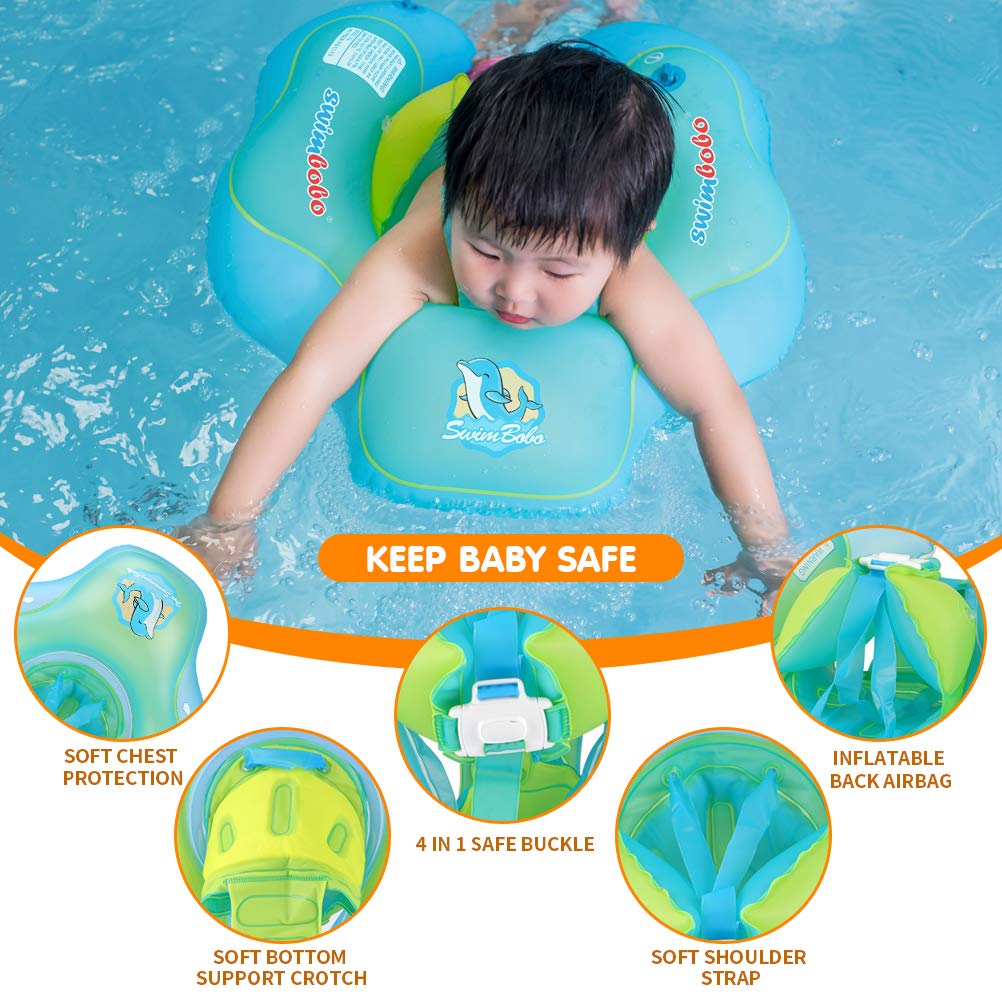 New Upgraded Swimbobo Baby Swimming Float Kids Inflatable Swim Ring with Safety Support Bottom Swimming Pool Accessories for 3-36 Months (Blue, L)