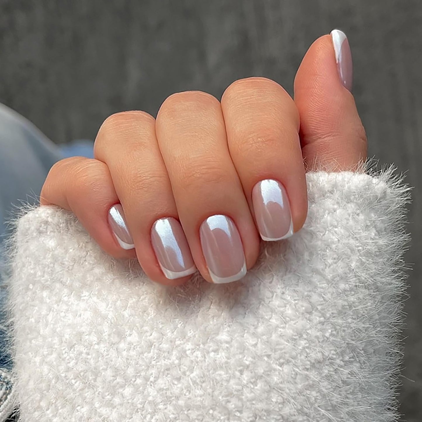 Vopintpy White French Tip Chrome Press on Nails Short Square Fake Nails with Design Glossy Acrylic Glue on Nail Reusable Full Cover Artificial Stick on Nail for Women DIY Manicure