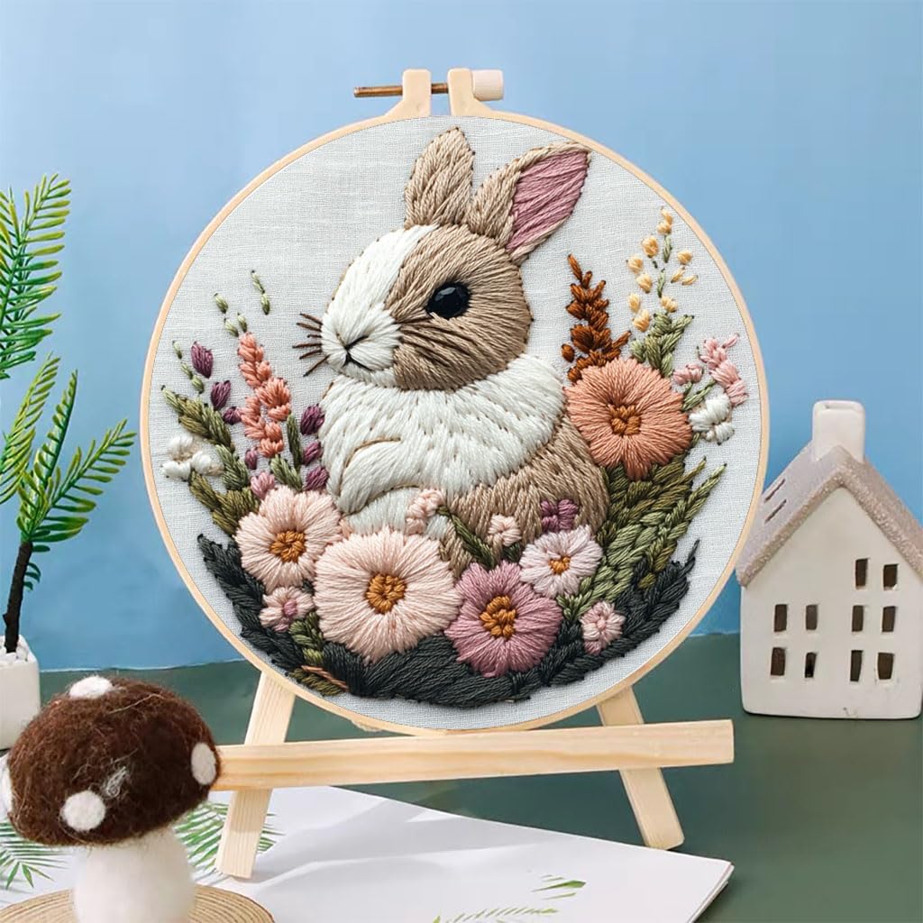 Punch Needle Kits Rabbit in Flowers Embroidery Starter Set with Hoop Easy for Beginners DIY Stress Relief Handmade Craft Hobby and Home Decor 20x20cm-2