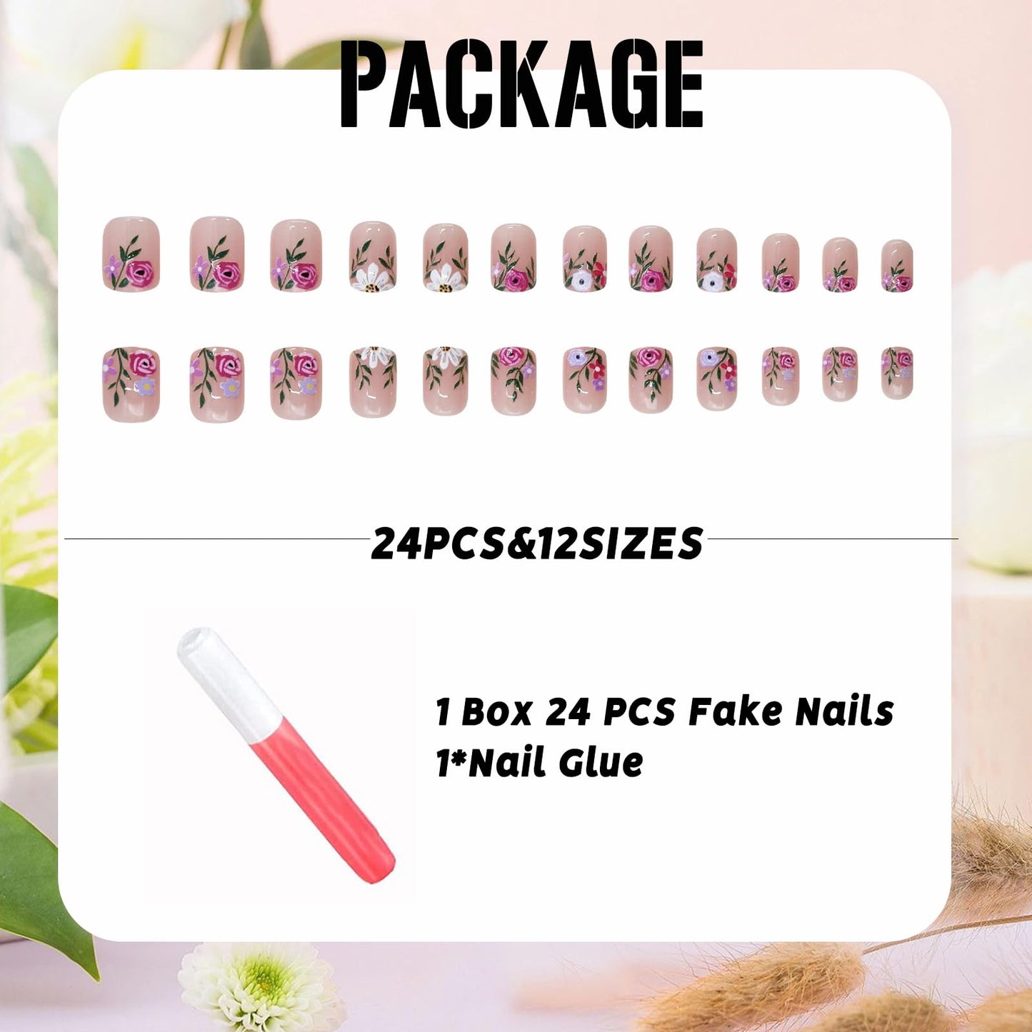 IMSOHOT Press on Nails Short Square Fake Nails Flower French Tips Glossy Nude Acrylic False Nails for Women Summer Stick on Nails 24Pcs