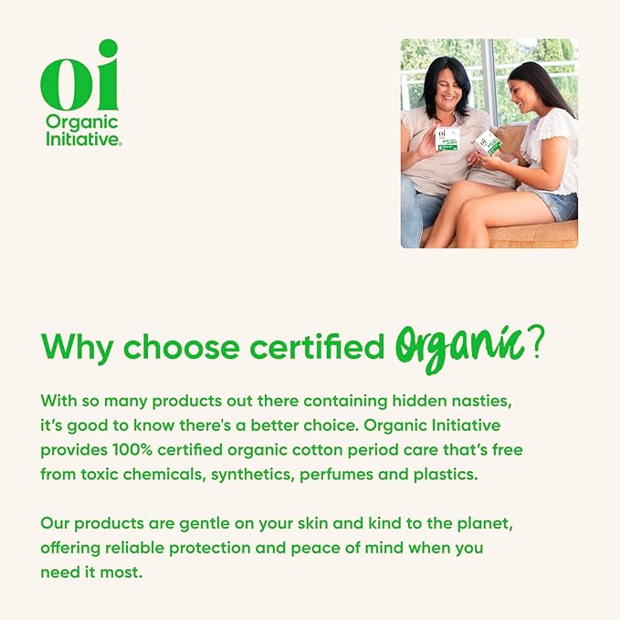 Oi | Organic Initiative - Ultra-Thin Pads with Wings | 100% Certified Organic Cotton, Unscented | Leak Free, Biodegradable | Non-GMO, Toxin Free (Regular, 54, Count)