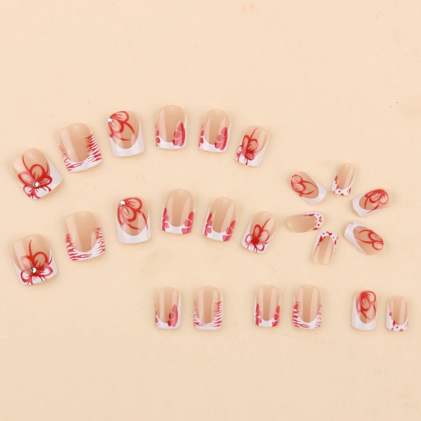 BABALAL Press on Nails Short Square Fake Nails White French Tip Glue on Nails Red Flower Acrylic Nails Glossy False Nails Art Design 24pcs Squoval Manicure Full Cover Artificial Nails for Women Girls