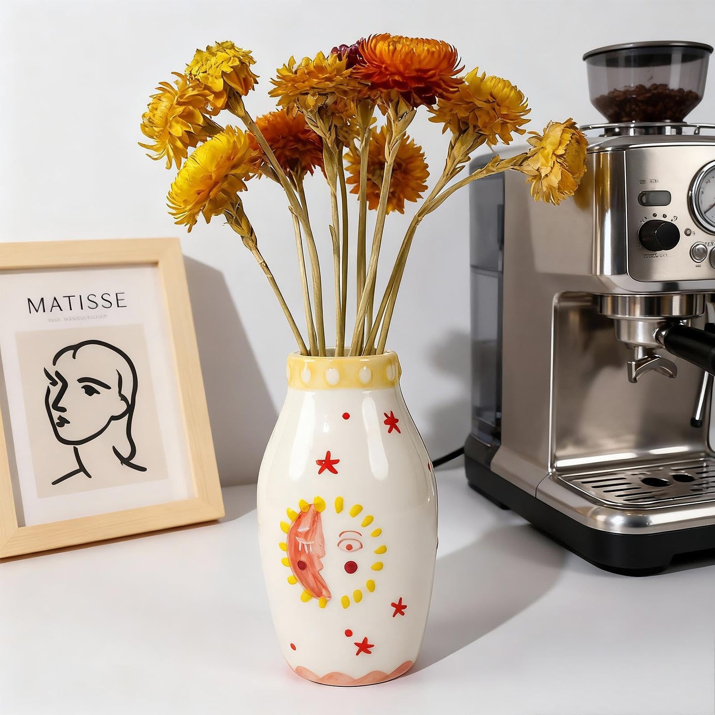MOUGIGI Unique Ceramic Vase, Cute Boho Decor, Small Cream Vase for Dried Flowers or Single Bud - Sun and Moon Face Design