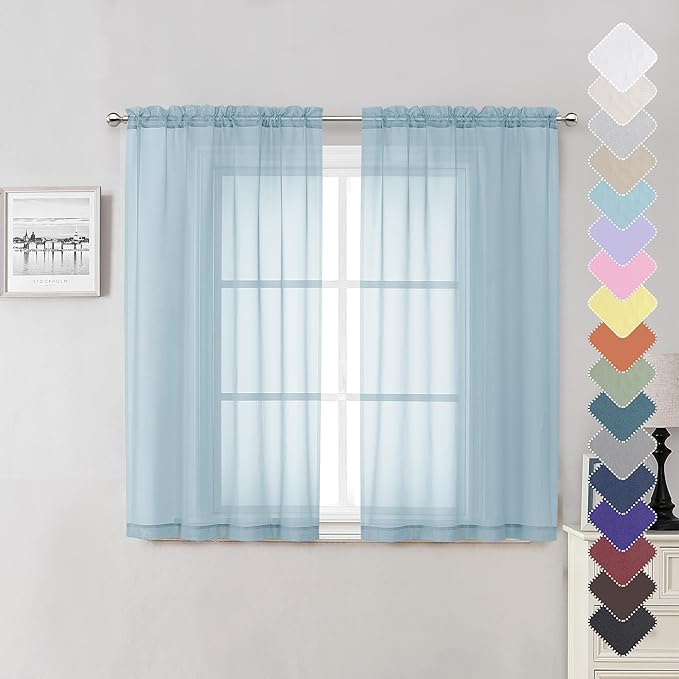 Lecloud Sky Blue Sheer Curtains for Bedroom 54 Inch Length 2 Panels, Durable & Soft Touch Solid Voile Curtain with Dual Rod Pockets, Bathroom/Kitchen/Living Room Window Gauzy Drapes, 40W x 54L